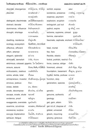âÃ§àÃÕ Â ¹ÊÍ¹ÀÒÉÒÍÑ § ¡ÄÉ ·Õ è ã Ëé Á Ò¡¡Çè Ò ÇÔ ª Ò... ÀÒÉÒÍÑ § ¡ÄÉ                                     www.kru-somsri.ac.th
            R
                                                                                                                                                     R

           ri
disorder, disorganize ·ÓãËé Ç Ø è ¹ ÇÒÂ, ·ÓãËé Â Ø è §                                                        áÊ´§                       sri
      o ms                                                                  exhibit, expose
                                                                                                                                       m
   uS
disorder              ¤ÇÒÁ¼Ô ´ »¡µÔ /                                       existence, presence                                     So
                                                                                                              ¡ÒÃÁÕ Í ÂÙ è , ¡ÒÃ»ÃÒ¡¯
Kr                                                                                                                              Kru
                                    ¤ÇÒÁÂØ è § àËÂÔ §                       expense, payment                  ÃÒÂ¨è Ò Â
distinguish, discriminate           áÂ¡ãËéàËç¹¤ÇÒÁáµ¡µèÒ§                   explosion, eruption               ¡ÒÃÃÐàºÔ ´
distract, deviate                   ·ÓãËé à ¢Ç/ËÑ ¡ àËÍÍ¡                   extinguish, put out
                                                                                  R
                                                                                                              ´Ñ º à¾ÅÔ §
dominance, influence                ÍÔ · ¸Ô ¾ Å¤ÃÍº§Ó
                                                                       m      sr i
                                                                            extinct, expire                   ÊÙ - ¾Ñ ¹ ¸Ø ì , µÒÂ
drought, shortage                   ¤ÇÒÁáËé § áÅé § ,               So
                                                                     extreme, supreme, utmost ÊÙ § ÊØ ´
                                                                Kru
                                    ¡ÒÃ¢Ò´á¤Å¹                              famine, starvation                            ·Ø ¾ ÀÔ ¡ ¢ÀÑ Â
dwelling, residence                 ·Õ è Í ÂÙ è Í ÒÈÑ Â                     fascinate, captivate, enchant                 ·ÓãËé Ë Å§ãËÅ/
ecology, ecosystem                  ¹ÔàÇÈÇÔ·ÂÒ, ÃÐºº¹ÔàÇÈ                                                                 ·ÓãËé Ë Å§ÃÑ ¡
effective, efficient                ·Õ è Á Õ » ÃÐÊÔ · ¸Ô À Ò¾               fatal, mortal                     ·Õ è ¶ Ö § á¡è ª Õ Ç Ô µ
                                                                                                                                                     R

effort, attempt                     ¤ÇÒÁ¾ÂÒÂÒÁ                              fee, fare                         ¤èÒ¸ÃÃÁà¹ÕÂÁ, ¤èÒâ´ÂÊÒÃ sri
                                                                                                                                                m
elegant, splendid
          R                         Ê§è Ò §ÒÁ                               flexible, elastic                 ·Õ è Â × ´ ËÂØ è ¹             So
         s      ri                                                                                                                       Kru
      om
eliminate, demolish     ¡Ó¨Ñ ´ , ·ÓÅÒÂ                                      forbid, prohibit, restrict        Ëé Ò Á
     So
 Kru
enormous, colossal, gigantic ãË-è â µÁâËÌÒÃ                                 force, coerce, oblige             ºÑ § ¤Ñ º
ensure, assure                      ÃÑºÃÍ§, Â×¹ÂÑ¹, ·ÓãËéÁ¹ã¨
                                                          èÑ                foremost, utmost                  ÊÓ¤Ñ - ·Õ è Ê Ø ´ , ·Õ è Ê Ø ´
enthusiastic, zealous               ¡ÃÐµ× Í Ã× Í Ãé ¹                       foundation, basement
                                                                                  R                           ¾× é ¹ °Ò¹, °Ò¹ÃÒ¡
entire, whole, total                ·Ñ é § ËÁ´                                   sr i
                                                                          fruitful, fertile, profuse ÁÒ¡ÁÒÂ
                                                                               m
                                                                            So
entrepreneur, investor              ¹Ñ ¡ àÊÕ è Â §Å§·Ø ¹ , ¼Ù é Å §·Ø ¹Krufunction, duty             Ë¹é Ò ·Õ è
envious, jealous                    ÍÔ ¨ ©Ò                                 generation, species               ÃØ è ¹ ¤¹ÃØ è ¹ Ë¹Ö è § æ ,
erase, delete                       Åº, µÑ ´ ÍÍ¡                                                              ÊÒÂ¾Ñ ¹ ¸Ø ì
erode, decompose                    ÊÖ ¡ ¡Ãè Í ¹, à¹è Ò à»× è Í Â           genetic                           à¡Õ è Â Ç¡Ñ º ¾Ñ ¹ ¸Ø ¡ ÃÃÁ
escape, evade, elude                ËÅºË¹Õ                                  genuine, authentic                á·é
evidence, proof                     ËÅÑ ¡ °Ò¹                               geology                           ¸Ã³Õ Ç Ô · ÂÒ
exaggerate, overstate               ¾Ù ´ à¡Ô ¹ ¨ÃÔ §                        get, gain, attain                 ä´é Ã Ñ º
examine, scrutinize                 µÃÇ¨ÊÍº, ¾Ô¹Ô¨¾Ôà¤ÃÒÐËì                 get rid of, dispose of            ¡Ó¨Ñ ´
excessive, surplus
         R                          ÁÒ¡à¡Ô ¹                                global, universal                 ·Ñ è Ç âÅ¡                             R


excuse, s
          ri
          explanation               ¢é Í á¡é µ Ñ Ç , ¤ÓÍ¸Ô º ÒÂ             gloom, mourning                   ¤ÇÒÁàÈÃé Ò âÈ¡            sr i
        m                                                                                                                             m
     So                                                                                                                            So
 Kru
exhaust, fatigue                    ·ÓãËé Ë Á´áÃ§                           gloomy, grievous                  ·Õ è à ÈÃé Ò âÈ¡
                                                                                                                               Kru
                                                                    ก                               ก
                     ก                                    ก                 ก ก                      ก    ก      ก
                                         ก        ก                     (     ก         ก       )                                              -5-
 