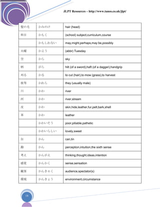 JLPT Resources – http://www.tanos.co.uk/jlpt/
18
髪の毛 かみのけ hair (head)
科目 かもく (school) subject,curriculum,course
かもしれない may,might,perhaps,may be,possibly
火曜 かよう (abbr) Tuesday
空 から sky
柄 がら hilt (of a sword),haft (of a dagger),handgrip
刈る かる to cut (hair),to mow (grass),to harvest
彼等 かれら they (usually male)
川 かわ river
河 かわ river,stream
皮 かわ skin,hide,leather,fur,pelt,bark,shell
革 かわ leather
かわいそう poor,pitiable,pathetic
かわいらしい lovely,sweet
缶 かん can,tin
勘 かん perception,intuition,the sixth sense
考え かんがえ thinking,thought,ideas,intention
感覚 かんかく sense,sensation
観客 かんきゃく audience,spectator(s)
環境 かんきょう environment,circumstance
 