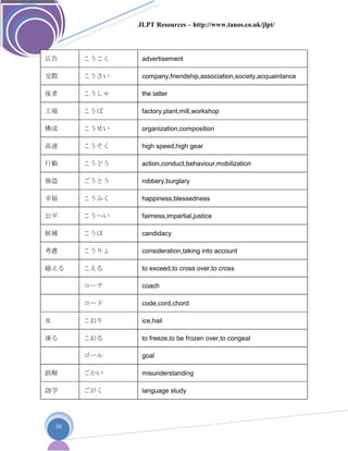 JLPT Resources – http://www.tanos.co.uk/jlpt/
30
広告 こうこく advertisement
交際 こうさい company,friendship,association,society,acquaintance
後者 こうしゃ the latter
工場 こうば factory,plant,mill,workshop
構成 こうせい organization,composition
高速 こうそく high speed,high gear
行動 こうどう action,conduct,behaviour,mobilization
強盗 ごうとう robbery,burglary
幸福 こうふく happiness,blessedness
公平 こうへい fairness,impartial,justice
候補 こうほ candidacy
考慮 こうりょ consideration,taking into account
越える こえる to exceed,to cross over,to cross
コーチ coach
コード code,cord,chord
氷 こおり ice,hail
凍る こおる to freeze,to be frozen over,to congeal
ゴール goal
誤解 ごかい misunderstanding
語学 ごがく language study
 