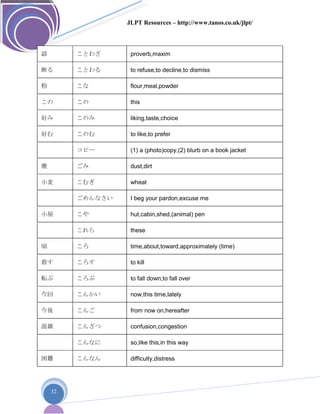 JLPT Resources – http://www.tanos.co.uk/jlpt/
32
諺 ことわざ proverb,maxim
断る ことわる to refuse,to decline,to dismiss
粉 こな flour,meal,powder
この この this
好み このみ liking,taste,choice
好む このむ to like,to prefer
コピー (1) a (photo)copy,(2) blurb on a book jacket
塵 ごみ dust,dirt
小麦 こむぎ wheat
ごめんなさい I beg your pardon,excuse me
小屋 こや hut,cabin,shed,(animal) pen
これら these
頃 ころ time,about,toward,approximately (time)
殺す ころす to kill
転ぶ ころぶ to fall down,to fall over
今回 こんかい now,this time,lately
今後 こんご from now on,hereafter
混雑 こんざつ confusion,congestion
こんなに so,like this,in this way
困難 こんなん difficulty,distress
 