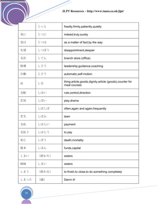 JLPT Resources – http://www.tanos.co.uk/jlpt/
38
じっと fixedly,firmly,patiently,quietly
実に じつに indeed,truly,surely
実は じつは as a matter of fact,by the way
失望 しつぼう disappointment,despair
支店 してん branch store (office)
指導 しどう leadership,guidance,coaching
自動 じどう automatic,self-motion
品 しな
thing,article,goods,dignity,article (goods),counter for
meal courses
支配 しはい rule,control,direction
芝居 しばい play,drama
しばしば often,again and again,frequently
芝生 しばふ lawn
支払 しはらい payment
支払う しはらう to pay
死亡 しぼう death,mortality
資本 しほん funds,capital
しまい （終わり） sisters
姉妹 しまい sisters
しまう （終わる） to finish,to close,to do something completely
しまった （感） Damn it!
 