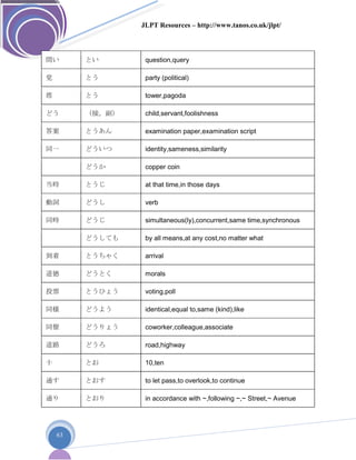 JLPT Resources – http://www.tanos.co.uk/jlpt/
63
問い とい question,query
党 とう party (political)
塔 とう tower,pagoda
どう （接。副） child,servant,foolishness
答案 とうあん examination paper,examination script
同一 どういつ identity,sameness,similarity
どうか copper coin
当時 とうじ at that time,in those days
動詞 どうし verb
同時 どうじ simultaneous(ly),concurrent,same time,synchronous
どうしても by all means,at any cost,no matter what
到着 とうちゃく arrival
道徳 どうとく morals
投票 とうひょう voting,poll
同様 どうよう identical,equal to,same (kind),like
同僚 どうりょう coworker,colleague,associate
道路 どうろ road,highway
十 とお 10,ten
通す とおす to let pass,to overlook,to continue
通り とおり in accordance with ~,following ~,~ Street,~ Avenue
 