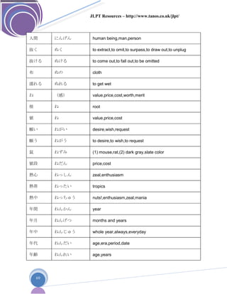 JLPT Resources – http://www.tanos.co.uk/jlpt/
69
人間 にんげん human being,man,person
抜く ぬく to extract,to omit,to surpass,to draw out,to unplug
抜ける ぬける to come out,to fall out,to be omitted
布 ぬの cloth
濡れる ぬれる to get wet
ね （感） value,price,cost,worth,merit
根 ね root
値 ね value,price,cost
願い ねがい desire,wish,request
願う ねがう to desire,to wish,to request
鼠 ねずみ (1) mouse,rat,(2) dark gray,slate color
値段 ねだん price,cost
熱心 ねっしん zeal,enthusiasm
熱帯 ねったい tropics
熱中 ねっちゅう nuts!,enthusiasm,zeal,mania
年間 ねんかん year
年月 ねんげつ months and years
年中 ねんじゅう whole year,always,everyday
年代 ねんだい age,era,period,date
年齢 ねんれい age,years
 