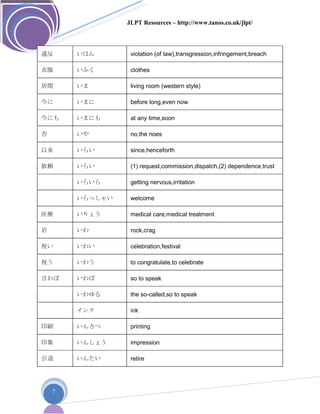 JLPT Resources – http://www.tanos.co.uk/jlpt/
7
違反 いはん violation (of law),transgression,infringement,breach
衣服 いふく clothes
居間 いま living room (western style)
今に いまに before long,even now
今にも いまにも at any time,soon
否 いや no,the noes
以来 いらい since,henceforth
依頼 いらい (1) request,commission,dispatch,(2) dependence,trust
いらいら getting nervous,irritation
いらっしゃい welcome
医療 いりょう medical care,medical treatment
岩 いわ rock,crag
祝い いわい celebration,festival
祝う いわう to congratulate,to celebrate
言わば いわば so to speak
いわゆる the so-called,so to speak
インク ink
印刷 いんさつ printing
印象 いんしょう impression
引退 いんたい retire
 