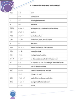 JLPT Resources – http://www.tanos.co.uk/jlpt/
79
風呂 ふろ bath
プロ professional
分 ぶん dividing,part,segment
文 ぶん sentence
雰囲気 ふんいき atmosphere (e.g. musical),mood,ambience
分析 ぶんせき analysis
文明 ぶんめい civilization,culture
分野 ぶんや field,sphere,realm,division,branch
塀 へい wall,fence
平均 へいきん equilibrium,balance,average,mean
平和 へいわ peace,harmony
別に べつに (not) particularly,nothing
減らす へらす to abate,to decrease,to diminish,to shorten
減る へる to decrease (in size or number),to diminish,to abate
ベルト Belt for western clothes
変化 へんか goblin,ghost,apparition,bugbear
ペンキ (n) paint (nl: pek)
勉強 べんきょう study,diligence,discount,reduction
変更 へんこう change,modification,alteration
ベンチ bench
 
