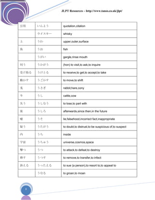 JLPT Resources – http://www.tanos.co.uk/jlpt/
8
引用 いんよう quotation,citation
ウイスキー whisky
上 うわ upper,outer,surface
魚 うお fish
うがい gargle,rinse mouth
伺う うかがう (hon) to visit,to ask,to inquire
受け取る うけとる to receive,to get,to accept,to take
動かす うごかす to move,to shift
兎 うさぎ rabbit,hare,cony
牛 うし cattle,cow
失う うしなう to lose,to part with
後 うしろ afterwards,since then,in the future
嘘 うそ lie,falsehood,incorrect fact,inappropriate
疑う うたがう to doubt,to distrust,to be suspicious of,to suspect
内 うち inside
宇宙 うちゅう universe,cosmos,space
撃つ うつ to attack,to defeat,to destroy
移す うつす to remove,to transfer,to infect
訴える うったえる to sue (a person),to resort to,to appeal to
うなる to groan,to moan
 