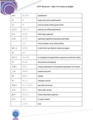 JLPT Resources – http://www.tanos.co.uk/jlpt/
84
満足 まんぞく satisfaction
身 み body,main part,oneself,sword
実 み fruit,nut,seed,content,good result
見送り みおくり seeing one off,farewell,escort
味方 みかた friend,ally,supporter
見事 みごと splendid,magnificent,beautiful,admirable
ミス miss (mistake, error, failure),Miss
満ちる みちる to be full,to rise (tide),to mature,to expire
密 みつ
認める みとめる to recognize,to appreciate,to approve,to admit,to notice
皆 みんな all,everyone,everybody
見舞い みまい enquiry,expression of sympathy,expression of concern
土産 みやげ present,souvenir
都 みやこ capital
妙 みょう strange,unusual
明後日 みょうごにち day after tomorrow
未来 みらい future (life, tense)
魅力 みりょく charm,fascination,glamour
見る みる to see,to watch
ミルク milk
 