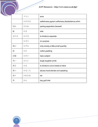JLPT Resources – http://www.tanos.co.uk/jlpt/
93
ワイン wine
わがまま selfishness,egoism,wilfulness,disobedience,whim
別れ わかれ parting,separation,farewell
脇 わき side
分ける わける to divide,to separate
わざと on purpose
僅か わずか only,merely,a little,small quantity
綿 わた cotton,padding
話題 わだい topic,subject
笑い わらい laugh,laughter,smile
割る わる to divide,to cut,to break,to halve
悪口 わるくち abuse,insult,slander,evil speaking
我々 われわれ we
湾 わん bay,gulf,inlet
 