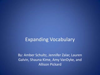 Expanding Vocabulary By: Amber Schultz, Jennifer Zalar, Lauren Galvin, Shauna Kime, Amy VanDyke, and Allison Pickard 