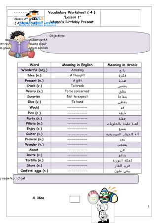 -------- :Name             Vocabulary Worksheet ( 4 )
           Class: 2nd grade
                                              "Lesson 1"
           ( A, B, C, D,E)            ‘Mama's Birthday Present’


                                    :- Objectives
     nossel elohw eht gnidaer retfA :
eht rewsna ot elba eb dluohs slipuP
 m gniwollof eht gniziromem sediseb .




                       Word                    Meaning in English      Meaning in Arabic
                Wonderful (adj.)                        Amazing                ‫رائع‬
                     Idea (n.)                         A thought               ‫فكرة‬
                   Present (n.)                          A gift                ‫هدية‬
                    Crack (v.)                         To break               ‫يفقس‬
                    Worry (v.)                      To be concerned            ‫يقلق‬
                     Surprise                        Not to expect            ‫يتفاجأ‬
                     Give (v.)                          To hand               ‫يعطي‬
                      Would                          ---------------            ‫قد‬
                     Plan (n.)                       ---------------           ‫خطة‬
                    Party (n.)                       ---------------          ‫حفلة‬
                    Piñata (n.)                      ---------------   ‫لعبة مليئة بالحلويات‬
                    Enjoy (v.)                       ---------------           ‫يتمتع‬
                    Guitar (v.)                      ---------------   ‫ألة الجيتار الموسيقية‬
                   Promise (v.)                      ---------------           ‫يعد‬
                   Wonder (v.)                       ---------------          ‫يتعجب‬
                      About                          ---------------           ‫عن‬
                    Invite (v.)                      ---------------           ‫يدعو‬
                   Tortilla (n.)                     ---------------       ‫كعكة التورتة‬
                    Stove (n.)                       ---------------        ‫فرن الغاز‬
                Confetti eggs (n.)                   ---------------        ‫بيض ملون‬

p neewteb hctaM




                         A. idea

                                                                                               1
 
