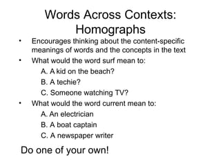 Words Across Contexts:
           Homographs
•   Encourages thinking about the content-specific
    meanings of words and the concepts in the text
•   What would the word surf mean to:
      A. A kid on the beach?
      B. A techie?
      C. Someone watching TV?
•   What would the word current mean to:
      A. An electrician
      B. A boat captain
      C. A newspaper writer

Do one of your own!
 