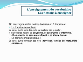On peut regrouper les notions lexicales en 3 domaines :
- Le domaine sémantique :
Le travail sur le sens des mots est explicite dès le cycle 1.
Il regroupe les notions de polysémie, de synonymie, d’antonymie,
d’homonymie, de sens propre/figuré et de champ lexical.
- Le domaine morphologique :
Le travail sur la formation des mots (dérivation, familles des mots, mots
composés)
L’enseignement du vocabulaire
Les notions à enseigner
 