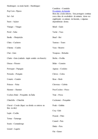 Hamburgers ou steak haché - Hambúrguer
Pop Corn - Pipoca
Sel - Sal
Sucre - Açúcar
Vinaigre - Vinagre
Persil - Salsa
Basilic - Manjericão
Chien - Cachorro
Chienne - Cadela
Chat - Gato
Chatte - Gata (cuidado: duplo sentido em francês)
Oiseau - Pássaro
Perroquet - Papagaio
Perruche - Periquito
Canarie - Canário
Poisson – Peixe
Hamster - Hamster
Cochon d'inde - Porquinho da Índia
Chinchilla - Chinchila
Cheval - Cavalo (fiquei na dúvida se entrava na
lista ou não)
Lapin - Coelho
Tortue - Tartaruga
Souris - Camundongo
Lézard - Lagarto
Caméléon - Camaleão
Os animais da fazenda
Bom dia a todos leitores. Esta postagem continua
com a lista de vocabulário de animais, desta vez
englobando os animais da fazenda, e algumas
dependências destas.
Bétail - Gado
Vache - Vaca
Bœuf - Boi
Taureau - Touro
Veau - Bezerro
Troupeau - Rebanho
Brebis - Ovelha
Bélier - Carneiro
Agneau - Cordeiro
Chèvre - Cabra
Bouc - Bode
Chevreau - Cabrito
Porc/Cochon - Porco
Truie - Porca
Cochonnet - Porquinho
Poule - Galinha
Coq - Galo
Poussin - Pinto
Canard - Pato
Dinde - Peru
Oie - Ganso
 