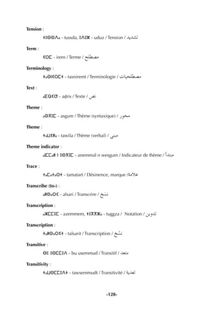 -128-
Tension :
ⵜⵓⵙⵙⴷⴰ - tussda, ⵓⴷⵓⵣ - uduz / Tension / ójó°ûJ
Term :
ⵉⵔⵎ - irem / Terme / í∏£°üe
Terminology :
ⵜⴰⵙⵏⵉⵔⵎⵜ - tasniremt / Terminologie / äÉ«ë∏£°üe
Text :
ⴰⴹⵕⵉⵚ - aÄris / Texte / ¢üf
Theme :
ⴰⵙⴳⵓⵎ - asgum / Thème (syntaxique) / Qƒëe
Theme :
ⵜⴰⵡⵉⵍⴰ - tawila / Thème (verbal) / ≈æÑe
Theme indicator :
ⴰⵏⵎⵎⴰⵍ ⵏ ⵓⵙⴳⵓⵎ - anemmal n wesgum / Indicateur de thème / CGóàÑe
Trace :
ⵜⴰⵎⴰⵜⴰⵔⵜ - tamatart / Désinence, marque /áeÓY
Transcribe (to-) :
ⴰⵍⵙⴰⵔⵉ - alsari / Transcrire / ï n°ùf
Transcription :
ⴰⵣⵎⵎⴻⵎ - azemmem, ⵜⵓⴳⴳⵣⴰ - tuggza / Notation / øjhóJ
Transcription :
ⵜⴰⵍⵙⴰⵔⵉⵜ - talsarit / Transcription / ï r°ùf
Transitive :
ⴱⵓ ⵓⵙⵎⵎⵓⴷ - bu usemmud / Transitif / ó©àe
Transitivity :
ⵜⴰⵡⵙⵎⵎⵓⴷⵜ - tawsemmudt / Transitivité / ájó©J
 
