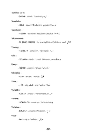 -129-
Translate (to-) :
ⵙⵙⵓⵖⵍ - ssuvel / Traduire / ºLôJ
Translation :
ⴰⵙⵓⵖⵍ - asuvel / Traduction (procès) / áªLôJ
Translation :
ⵜⴰⵙⵓⵖⵍⵜ - tasuvelt / Traduction (résultat) / áªLôJ
Triconsonant :
ⴱⵓ ⴽⵕⴰⴹ ⵉⵙⴽⴽⵉⵍⵏ - bu kraÄ isekkilen / Trilitère / QòédG »KÓK
Typology :
ⵜⴰⵙⵏⴰⵡⴰⵢⵜ - tasnawayt / typologie / §«ªæJ
Unit :
ⴰⴼⵔⴷⵉⵙ - aferdis / Unité, élément / ô°üæY ,IóMh
Usage :
ⴰⵙⵎⵔⵙ - asemres / Usage / ∫Éª©à°SG
Utterance :
ⵜⵉⵏⴰⵢⵜ - tinayt / Enoncé / ∫ƒb
Value :
ⴰⵜⵉⴳ - atig, ⴰⵣⴰⵍ - azal / Valeur / áª«b
Variable :
ⴰⵎⵙⴽⵉⵍ - ameskil / Variable (adj.) / ô«¨àe
Variant :
ⵜⴰⵎⵣⴰⵔⴰⵢⵜ - tamzarayt / Variante / ¬Lh
Variation :
ⴰⵎⵣⴰⵔⴰⵢ - amzaray / Variation / ´ƒæJ
Velar :
ⴰⵏⵖⴰⵏ - anvan / Vélaire / »≤ÑW
 