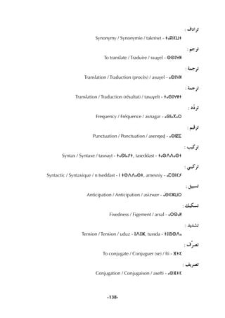 -138-
: ±OGôJ
Synonymy / Synonymie / takniwt - ⵜⴰⴽⵏⵉⵡⵜ
: ºLôJ
To translate / Traduire / ssuvel - ⵙⵙⵓⵖⵍ
: áªLôJ
Translation / Traduction (procès) / asuvel - ⴰⵙⵓⵖⵍ
: áªLôJ
Translation / Traduction (résultat) / tasuvelt - ⵜⴰⵙⵓⵖⵍⵜ
: OqOôJ
Frequency / Fréquence / asnagar - ⴰⵙⵏⴰⴳⴰⵔ
: º«bôJ
Punctuation / Ponctuation / asenqeÄ - ⴰⵙⵏⵇⴹ
: Ö«côJ
Syntax / Syntaxe / tasnayt - ⵜⴰⵙⵏⴰⵢⵜ, taseddast - ⵜⴰⵙⴷⴷⴰⵙⵜ
: »Ñ«côJ
Syntactic / Syntaxique / n tseddast - ⵏ ⵜⵙⴷⴷⴰⵙⵜ, amesniy - ⴰⵎⵙⵏⵉⵢ
: ≥«Ñ°ùJ
Anticipation / Anticipation / asizwer - ⴰⵙⵉⵣⵡⵔ
: ∂«µ°ùJ
Fixedness / Figement / arsal - ⴰⵔⵙⴰⵍ
: ójó°ûJ
Tension / Tension / uduz - ⵓⴷⵓⵣ, tussda - ⵜⵓⵙⵙⴷⴰ
: ±sô°üJ
To conjugate / Conjuguer (se) / fti - ⴼⵜⵉ
: ∞jô°üJ
Conjugation / Conjugaison / asefti - ⴰⵙⴼⵜⵉ
 