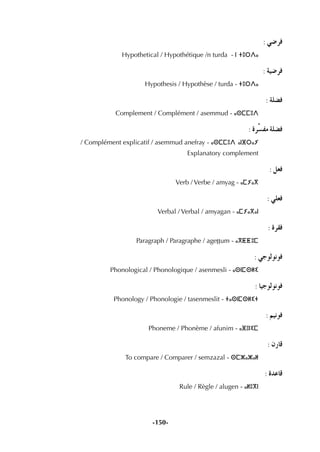 -150-
: »°Vôa
Hypothetical / Hypothétique /n turda - ⵏ ⵜⵓⵔⴷⴰ
: á«°Vôa
Hypothesis / Hypothèse / turda - ⵜⵓⵔⴷⴰ
: á∏°†a
Complement / Complément / asemmud - ⴰⵙⵎⵎⵓⴷ
: Iôu°ùØe á∏°†a
/ Complément explicatif / asemmud anefray - ⴰⵙⵎⵎⵓⴷ ⴰⵏⴼⵔⴰⵢ
Explanatory complement
: π©a
Verb / Verbe / amyag - ⴰⵎⵢⴰⴳ
: »∏©a
Verbal / Verbal / amyagan - ⴰⵎⵢⴰⴳⴰⵏ
: Iô≤a
Paragraph / Paragraphe / ageÏÏum - ⴰⴳⵟⵟⵓⵎ
: »Lƒdƒfƒa
Phonological / Phonologique / asenmesli - ⴰⵙⵏⵎⵙⵍⵉ
: É«Lƒdƒfƒa
Phonology / Phonologie / tasenmeslit - ⵜⴰⵙⵏⵎⵙⵍⵉⵜ
: º«fƒa
Phoneme / Phonème / afunim - ⴰⴼⵓⵏⵉⵎ
: ¿QÉb
To compare / Comparer / semzazal - ⵙⵎⵣⴰⵣⴰⵍ
: IóYÉb
Rule / Règle / alugen - ⴰⵍⵓⴳⵏ
 