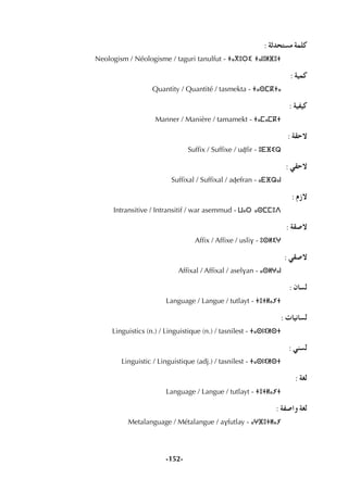 -152-
: áKóëà°ùe áª∏c
Neologism / Néologisme / taguri tanulfut - ⵜⴰⴳⵓⵔⵉ ⵜⴰⵏⵓⵍⴼⵓⵜ
: á«ªc
Quantity / Quantité / tasmekta - ⵜⴰⵙⵎⴽⵜⴰ
: á«Ø«c
Manner / Manière / tamamekt - ⵜⴰⵎⴰⵎⴽⵜ
: á≤M’
Sufﬁx / Sufﬁxe / uÄﬁr - ⵓⴹⴼⵉⵕ
: »≤M’
Sufﬁxal / Sufﬁxal / aÄefran - ⴰⴹⴼⵕⴰⵏ
: ΩR’
Intransitive / Intransitif / war asemmud - ⵡⴰⵔ ⴰⵙⵎⵎⵓⴷ
: á≤°U’
Afﬁx / Afﬁxe / usliv - ⵓⵙⵍⵉⵖ
: »≤°U’
Afﬁxal / Afﬁxal / aselvan - ⴰⵙⵍⵖⴰⵏ
: ¿É°ùd
Language / Langue / tutlayt - ⵜⵓⵜⵍⴰⵢⵜ
: äÉ«fÉ°ùd
Linguistics (n.) / Linguistique (n.) / tasnilest - ⵜⴰⵙⵏⵉⵍⵙⵜ
: »æ°ùd
Linguistic / Linguistique (adj.) / tasnilest - ⵜⴰⵙⵏⵉⵍⵙⵜ
: á¨d
Language / Langue / tutlayt - ⵜⵓⵜⵍⴰⵢⵜ
: áØ°UGh á¨d
Metalanguage / Métalangue / avfutlay - ⴰⵖⴼⵓⵜⵍⴰⵢ
 