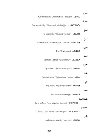-161-
: …ƒëf
Grammatical / Grammatical / anejrum - ⴰⵏⵊⵕⵓⵎ
: ájƒëf
Grammaticality / Grammaticalité / tijjurma - ⵜⵉⵊⵊⵓⵕⵎⴰ
: ï n°ùf
To transcribe / Transcrire / alsari - ⴰⵍⵙⴰⵔⵉ
: ï r°ùf
Transcription / Transcription / talsarit - ⵜⴰⵍⵙⴰⵔⵉⵜ
: ¢üf
Text / Texte / aÄris - ⴰⴹⵕⵉⵚ
: â©f
Epithet / Epithète / anemlaway - ⴰⵏⵎⵍⴰⵡⴰⵢ
: »à©f
Qualiﬁer / Qualiﬁcatif / avaran - ⴰⵖⴰⵔⴰⵏ
: åØf
Spirantization / Spirantisme / anzav - ⴰⵏⵣⴰⵖ
: »Øf
Negation / Négation / tibawt - ⵜⵉⴱⴰⵡⵜ
: á£≤f
Dot / Point / taneqqiÏ - ⵜⴰⵏⵇⵇⵉⴹⵜ
: á∏°UÉa á£≤f
Semi-colon / Point-virgule / tiskenqiÏ - ⵜⵉⵙⴽⵏⵇⵉⴹⵜ
: ¿Éà£≤f
Colon / Deux points / snat tneqqaÄ - ⵙⵏⴰⵜ ⵜⵏⵇⵇⴰⴹ
: Iôµf
Indeﬁnite / Indéﬁni / arunmil - ⴰⵔⵓⵏⵎⵉⵍ
 