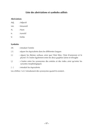 - 17 -
Liste des abréviations et symboles utilisés
Abréviations
Adj. : Adjectif
intr. : Intransitif
N. : Nom
tr. : transitif
V. : Verbe
Symboles
[•] : introduit l’entrée
[ /] : sépare les équivalents dans les différentes langues
[-] : sépare les thèmes verbaux ainsi que l’état libre, l’état d’annexion et le
pluriel. Il s’insère également entre les deux graphies latine et tiﬁnaghe
[,] : s’insère entre les synonymes des entrées et des index ainsi qu’entre les
variantes morphologiques
[ : ] : introduit les équivalents
Les chiffres 1 et 2 introduisent des synonymes quand ils existent .
 