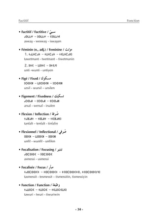 - 34 -
Factitif Fonction
• Factitif / Factitive / q»ÑÑ°S
ⴰⵙⵡⴰⵖ - ⵓⵙⵡⴰⵖ - ⵉⵙⵡⴰⵖⵏ
aswav - weswav - iswaven
• Féminin (n., adj.) / Feminine / åfDƒe
1. ⵜⴰⵡⵜⵎⴰⵏⵜ - ⵜⵡⵜⵎⴰⵏⵜ - ⵜⵉⵡⵜⵎⴰⵏⵉⵏ
tawetmant - twetmant – tiwetmanin
2. ⵓⵏⵜⵉ - ⵡⵓⵏⵜⵉ - ⵓⵏⵜⵉⵢⵏ
unti -wunti - untiyen
• Figé / Fixed / ∑ƒµ°ùe
ⵓⵔⵙⵉⵍ - ⵡⵓⵔⵙⵉⵍ - ⵓⵔⵙⵉⵍⵏ
ursil - wursil – ursilen
• Figement / Fixedness / ∂«µ°ùJ
ⴰⵔⵙⴰⵍ - ⵓⵔⵙⴰⵍ - ⵉⵔⵙⴰⵍⵏ
arsal - wersal - irsalen
• Flexion / Inﬂection / áaô o°U
ⵜⴰⵏⴼⴰⵍⵜ - ⵜⵏⴼⴰⵍⵜ - ⵜⵉⵏⴼⴰⵍⵉⵏ
tanfalt – tenfalt - tinfalin
• Flexionnel / Inﬂectional / »aô o°U
ⵓⵏⴼⵉⵍ - ⵡⵓⵏⴼⵉⵍ - ⵓⵏⴼⵉⵍⵏ
unfil - wunfil - unfilen
• Focalisation / Focusing / ô«ÄÑJ
ⴰⵙⵎⵙⵙⵉ - ⵓⵙⵎⵙⵙⵉ
asmessi - usmessi
• Focalisée / Focus / QCÉÑe
ⵜⴰⵙⵎⵙⵙⵉⵜ - ⵜⵙⵎⵙⵙⵉⵜ - ⵜⵉⵙⵎⵙⵙⵉⵜⵉⵏ, ⵜⵉⵙⵎⵙⵙⵉⵢⵉⵏ
tasmessit - tesmessit – tismessitin, tismessiyin
• Fonction / Function / áØ«Xh
ⵜⴰⵡⵓⵔⵉ - ⵜⵡⵓⵔⵉ - ⵜⵉⵡⵓⵔⵉⵡⵉⵏ
tawuri - twuri - tiwuriwin
 