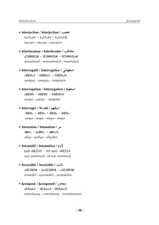 - 38 -
Interjection Juxtaposé
• Interjection / Interjection / Öé©J
ⵜⴰⵢⵢⴰⵢⵜ - ⵜⴰⵢⵢⴰⵢⵜ - ⵜⴰⵢⵢⴰⵢⵉⵏ
tayyayt - tayyayt - tayyayin
• Interlocuteur / Interlocutor / ÖnWÉîe
ⴰⵎⵙⵍⵙⵉⵡⵍ - ⵓⵎⵙⵍⵙⵉⵡⵍ - ⵉⵎⵙⵍⵙⵉⵡⴰⵍ
amselsiwel - wemselsiwel - imselsiwal
• Interrogatif / Interrogative / »eÉ¡Øà°SG
ⴰⵙⵇⵙⴰⵢ - ⵓⵙⵇⵙⴰⵢ - ⵉⵙⵇⵙⴰⵢⵏ
aseqsay - useqsay - iseqsayen
• Interrogation / Interrogation / ΩÉ¡Øà°SG
ⴰⵙⵇⵙⵉ - ⵓⵙⵇⵙⵉ - ⵉⵙⵇⵙⵉⵜⵏ
aseqsi - useqsi – iseqsiten
• Interroger / To ask / º¡Øà°SG
ⵙⵇⵙⴰ - ⵙⵇⵙⴰ - ⵙⵇⵙⴰ - ⵙⵇⵙⴰ
seqsa - seqsa - seqsa - seqsa
• Intonation / Intonation / ôÑf
ⴰⵍⵍⵖⴰ - ⵡⴰⵍⵍⵖⴰ - ⴰⵍⵍⵖⴰⵜⵏ
allva - wallva - allvaten
• Intransitif / Intransitive / ΩR’
ⵡⴰⵔ ⴰⵙⵎⵎⵓⴷ - ⵉⴷ ⵡⴰⵔ ⴰⵙⵎⵎⵓⴷ
war asemmud - id war asemmud
• Invariable / Invariable / âHÉK
ⴰⵔⵎⵙⴽⵉⵍ - ⵡⴰⵔⵎⵙⴽⵉⵍ - ⴰⵔⵎⵙⴽⵉⵍⵏ
armeskil - warmeskil - armeskilen
• Juxtaposé / Juxtaposed / QhÉéàe
ⴰⵏⵎⵍⴰⵡⴰⵢ - ⵓⵏⵎⵍⴰⵡⴰⵢ- ⵉⵏⵎⵍⴰⵡⴰⵢⵏ
anemlaway - unemlaway - inemlawayen
 