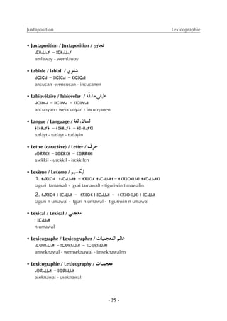 - 39 -
Juxtaposition Lexicographie
• Juxtaposition / Juxtaposition / QhÉéJ
ⴰⵎⵍⴰⵡⴰⵢ - ⵓⵎⵍⴰⵡⴰⵢ
amlaway - wemlaway
• Labiale / labial / …ƒØ°T
ⴰⵏⵛⵓⵛⴰⵏ - ⵓⵏⵛⵓⵛⴰⵏ - ⵉⵏⵛⵓⵛⴰⵏⵏ
ancucan -wencucan - incucanen
• Labiovélaire / labiovelar / ¬sØ°ûe »≤ÑW
ⴰⵏⵛⵓⵏⵖⴰⵏ - ⵓⵏⵛⵓⵏⵖⴰⵏ - ⵉⵏⵛⵓⵏⵖⴰⵏⵏ
ancunvan - wencunvan - incunvanen
• Langue / Language / á¨d ,¿É°ùd
ⵜⵓⵜⵍⴰⵢⵜ - ⵜⵓⵜⵍⴰⵢⵜ - ⵜⵓⵜⵍⴰⵢⵉⵏ
tutlayt - tutlayt - tutlayin
• Lettre (caractère) / Letter / ±ôM
ⴰⵙⴽⴽⵉⵍ - ⵓⵙⴽⴽⵉⵍ - ⵉⵙⴽⴽⵉⵍⵏ
asekkil - usekkil - isekkilen
• Lexème / Lexeme / º«°ùµ«d
1. ⵜⴰⴳⵓⵔⵉ ⵜⴰⵎⴰⵡⴰⵍⵜ - ⵜⴳⵓⵔⵉ ⵜⴰⵎⴰⵡⴰⵍⵜ- ⵜⵉⴳⵓⵔⵉⵡⵉⵏ ⵜⵉⵎⴰⵡⴰⵍⵉⵏ
taguri tamawalt - tguri tamawalt - tiguriwin timawalin
2. ⵜⴰⴳⵓⵔⵉ ⵏ ⵓⵎⴰⵡⴰⵍ - ⵜⴳⵓⵔⵉ ⵏ ⵓⵎⴰⵡⴰⵍ - ⵜⵉⴳⵓⵔⵉⵡⵉⵏ ⵏ ⵓⵎⴰⵡⴰⵍ
taguri n umawal - tguri n umawal - tiguriwin n umawal
• Lexical / Lexical / »ªé©e
ⵏ ⵓⵎⴰⵡⴰⵍ
n umawal
• Lexicographe / Lexicographer / äÉ«ªé©ªdG ºdÉY
ⴰⵎⵙⴽⵏⴰⵡⴰⵍ - ⵓⵎⵙⴽⵏⴰⵡⴰⵍ - ⵉⵎⵙⴽⵏⴰⵡⴰⵍⵏ
amseknawal - wemseknawal - imseknawalen
• Lexicographie / Lexicography / äÉ«ªé©e
ⴰⵙⴽⵏⴰⵡⴰⵍ - ⵓⵙⴽⵏⴰⵡⴰⵍ
aseknawal - useknawal
 