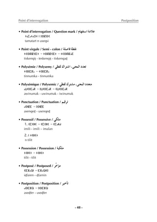 - 48 -
Point d’interrogation Postposition
• Point d’interrogation / Question mark / ΩÉ¡Øà°SG áeÓY
ⵜⴰⵎⴰⵜⴰⵔⵜ ⵏ ⵓⵙⵇⵙⵉ
tamatart n useqsi
• Point virgule / Semi - colon / á∏°UÉa á£≤f
ⵜⵉⵙⴽⵏⵇⵉⴹⵜ - ⵜⵙⴽⵏⵇⵉⴹⵜ - ⵜⵉⵙⴽⵏⵇⴰⴹ
tiskenqiÏ - teskenqiÏ - tiskenqaÄ
• Polysémie / Polysemy / »¶Ød ∑Gôà°TG ,≈æ©ªdG Oó©J
ⵜⵉⵏⵏⵓⵎⴽⴰ - ⵜⵉⵏⵏⵓⵎⴽⴰ
tinnumka - tinnumka
• Polysémique / Polysemic / »¶Ød ∑ôà°ûe ,≈æ©ªdG Oó©àe
ⴰⵡⵉⵏⵓⵎⴰⴽ - ⵓⵡⵉⵏⵓⵎⴰⴽ - ⵉⵡⵉⵏⵓⵎⴰⴽ
awinumak - uwinumak - iwinumak
• Ponctuation / Punctuation / º«bôJ
ⴰⵙⵏⵇⴹ - ⵓⵙⵏⵇⴹ
asenqeÄ - usenqeÄ
• Possessif / Possessive / »µ∏e
1. ⵉⵎⵉⵍⵉ - ⵉⵎⵉⵍⵉ - ⵉⵎⴰⵍⴰⵏ
imili - imili – imalan
2. ⵏ ⵜⵉⵍⵉⵜ
n tilit
• Possession / Possession / á«µ∏e
ⵜⵉⵍⵉⵜ - ⵜⵉⵍⵉⵜ
tilit - tilit
• Postposé / Postposed / ôsNDƒe
ⵉⴹⴼⴰⵕⵏ - ⴹⴼⴰⵕⵏⵉⵏ
iÄfaren - Äfarnin
• Postposition / Postposition / ô«NCÉJ
ⴰⵙⴹⴼⵕ - ⵓⵙⴹⴼⵕ
aseÄfer - useÄfer
 