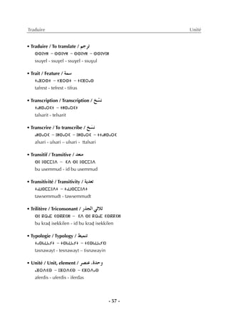 - 57 -
Traduire Unité
• Traduire / To translate / ºLôJ
ⵙⵙⵓⵖⵍ - ⵙⵙⵓⵖⵍ - ⵙⵙⵓⵖⵍ - ⵙⵙⵓⵖⵓⵍ
ssuvel - ssuvel - ssuvel - ssuvul
• Trait / Feature / áª°S
ⵜⴰⴼⵔⵙⵜ - ⵜⴼⵔⵙⵜ - ⵜⵉⴼⵔⴰⵙ
tafrest - tefrest - tifras
• Transcription / Transcription / ï r°ùf
ⵜⴰⵍⵙⴰⵔⵉⵜ - ⵜⵍⵙⴰⵔⵉⵜ
talsarit - telsarit
• Transcrire / To transcribe / ï n°ùf
ⴰⵍⵙⴰⵔⵉ - ⵓⵍⵙⴰⵔⵉ - ⵓⵍⵙⴰⵔⵉ - ⵜⵜⴰⵍⵙⴰⵔⵉ
alsari - ulsari – ulsari - ttalsari
• Transitif / Transitive / ó©àe
ⴱⵓ ⵓⵙⵎⵎⵓⴷ - ⵉⴷ ⴱⵓ ⵓⵙⵎⵎⵓⴷ
bu usemmud - id bu usemmud
• Transitivité / Transitivity / ájó©J
ⵜⴰⵡⵙⵎⵎⵓⴷⵜ - ⵜⴰⵡⵙⵎⵎⵓⴷⵜ
tawsemmudt - tawsemmudt
• Trilitère / Triconsonant / QòédG »KÓK
ⴱⵓ ⴽⵕⴰⴹ ⵉⵙⴽⴽⵉⵍⵏ - ⵉⴷ ⴱⵓ ⴽⵕⴰⴹ ⵉⵙⴽⴽⵉⵍⵏ
bu kraÄ isekkilen - id bu kraÄ isekkilen
• Typologie / Typology / §«ªæJ
ⵜⴰⵙⵏⴰⵡⴰⵢⵜ - ⵜⵙⵏⴰⵡⴰⵢⵜ - ⵜⵉⵙⵏⴰⵡⴰⵢⵉⵏ
tasnawayt - tesnawayt – tisnawayin
• Unité / Unit, element / ô°üæY ,IóMh
ⴰⴼⵔⴷⵉⵙ - ⵓⴼⵔⴷⵉⵙ - ⵉⴼⵔⴷⴰⵙ
aferdis - uferdis - iferdas
 