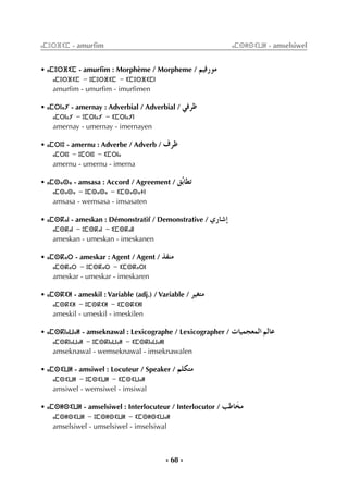 - 68 -
ⴰⵎⵓⵔⴼⵉⵎ - amurﬁm ⴰⵎⵙⵍⵙⵉⵡⵍ - amselsiwel
• ⴰⵎⵓⵔⴼⵉⵎ - amurﬁm : Morphème / Morpheme / º«aQƒe
ⴰⵎⵓⵔⴼⵉⵎ - ⵓⵎⵓⵔⴼⵉⵎ - ⵉⵎⵓⵔⴼⵉⵎⵏ
amurfim - umurfim - imurfimen
• ⴰⵎⵔⵏⴰⵢ - amernay : Adverbial / Adverbial / »aôX
ⴰⵎⵔⵏⴰⵢ - ⵓⵎⵔⵏⴰⵢ - ⵉⵎⵔⵏⴰⵢⵏ
amernay - umernay - imernayen
• ⴰⵎⵔⵏⵓ - amernu : Adverbe / Adverb / ±ôX
ⴰⵎⵔⵏⵓ - ⵓⵎⵔⵏⵓ - ⵉⵎⵔⵏⴰ
amernu - umernu - imerna
• ⴰⵎⵙⴰⵙⴰ - amsasa : Accord / Agreement / ≥oHÉ£J
ⴰⵎⵙⴰⵙⴰ - ⵓⵎⵙⴰⵙⴰ - ⵉⵎⵙⴰⵙⴰⵜⵏ
amsasa - wemsasa - imsasaten
• ⴰⵎⵙⴽⴰⵏ - ameskan : Démonstratif / Demonstrative / …QÉ°TEG
ⴰⵎⵙⴽⴰⵏ - ⵓⵎⵙⴽⴰⵏ - ⵉⵎⵙⴽⴰⵏⵏ
ameskan - umeskan - imeskanen
• ⴰⵎⵙⴽⴰⵔ - ameskar : Agent / Agent / òØæe
ⴰⵎⵙⴽⴰⵔ - ⵓⵎⵙⴽⴰⵔ - ⵉⵎⵙⴽⴰⵔⵏ
ameskar - umeskar - imeskaren
• ⴰⵎⵙⴽⵉⵍ - ameskil : Variable (adj.) / Variable / ô«¨àe
ⴰⵎⵙⴽⵉⵍ - ⵓⵎⵙⴽⵉⵍ - ⵉⵎⵙⴽⵉⵍⵏ
ameskil - umeskil - imeskilen
• ⴰⵎⵙⴽⵏⴰⵡⴰⵍ - amseknawal : Lexicographe / Lexicographer / äÉ«ªé©ªdG ºdÉY
ⴰⵎⵙⴽⵏⴰⵡⴰⵍ - ⵓⵎⵙⴽⵏⴰⵡⴰⵍ - ⵉⵎⵙⴽⵏⴰⵡⴰⵍⵏ
amseknawal - wemseknawal - imseknawalen
• ⴰⵎⵙⵉⵡⵍ - amsiwel : Locuteur / Speaker / º∏µàe
ⴰⵎⵙⵉⵡⵍ - ⵓⵎⵙⵉⵡⵍ - ⵉⵎⵙⵉⵡⴰⵍ
amsiwel - wemsiwel - imsiwal
• ⴰⵎⵙⵍⵙⵉⵡⵍ - amselsiwel : Interlocuteur / Interlocutor / ÖWÉnîe
ⴰⵎⵙⵍⵙⵉⵡⵍ - ⵓⵎⵙⵍⵙⵉⵡⵍ - ⵉⵎⵙⵍⵙⵉⵡⴰⵍ
amselsiwel - umselsiwel - imselsiwal
 