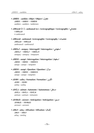 - 75 -
ⴰⵙⴽⴽⵉⵏ - asekkin ⴰⵙⵍⴰⵖ - aslav
• ⴰⵙⴽⴽⵉⵏ - asekkin : Objet / Object / ∫ƒ©Øe
ⴰⵙⴽⴽⵉⵏ - ⵓⵙⴽⴽⵉⵏ - ⵉⵙⴽⴽⵉⵏⵏ
asekkin - usekkin - isekkinen
• ⴰⵙⴽⵏⴰⵡⴰⵍ (ⵏ-) – aseknawal (n-) : Lexicographique / Lexicographic / »JÉªé©e
ⵏ ⵓⵙⴽⵏⴰⵡⴰⵍ
n useknawal
• ⴰⵙⴽⵏⴰⵡⴰⵍ - aseknawal : Lexicographie / Lexicography / äÉ«ªé©e
ⴰⵙⴽⵏⴰⵡⴰⵍ - ⵓⵙⴽⵏⴰⵡⴰⵍ
aseknawal - useknawal
• ⴰⵙⵇⵙⴰⵢ - aseqsay : Interrogatif / Interrogative / »eÉ¡Øà°SG
ⴰⵙⵇⵙⴰⵢ - ⵓⵙⵇⵙⴰⵢ - ⵉⵙⵇⵙⴰⵢⵏ
aseqsay - useqsay - iseqsayen
• ⴰⵙⵇⵙⵉ - aseqsi : Interrogation / Interrogation / ΩÉ¡Øà°SG
ⴰⵙⵇⵙⵉ - ⵓⵙⵇⵙⵉ - ⵉⵙⵇⵙⵉⵜⵏ
aseqsi - useqsi – iseqsiten
• ⴰⵙⵇⵙⵉ - aseqsi : Question / Question / ∫GDƒ°S
ⴰⵙⵇⵙⵉ - ⵓⵙⵇⵙⵉ - ⵉⵙⵇⵙⵉⵜⵏ
aseqsi - useqsi - iseqsiten
• ⴰⵙⵉⵍⵖ - asilev : Formation / Formation / øjƒµJ
ⴰⵙⵉⵍⵖ - ⵓⵙⵉⵍⵖ
asilev - usilev
• ⴰⵙⵉⵎⴰⵏ - asiman : Autonome / Autonomous / π≤à°ùe
ⴰⵙⵉⵎⴰⵏ - ⵓⵙⵉⵎⴰⵏ - ⵉⵙⵉⵎⴰⵏⵏ
asiman - usiman - isimanen
• ⴰⵙⵉⵣⵡⵔ - asizwer : Anticipation / Anticipation / ≥«Ñ°ùJ
ⴰⵙⵉⵣⵡⵔ - ⵓⵙⵉⵣⵡⵔ
asizwer - usizwer
• ⴰⵙⵍⴰⵖ - aslav : Afﬁxation / Afﬁxation / ¥É°üdEG
ⴰⵙⵍⴰⵖ - ⵓⵙⵍⴰⵖ
aslav - weslav
 