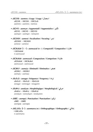 - 77 -
ⴰⵙⵎⵔⵙ - asemres ⴰⵙⵏⵎⴰⵔⵔⴰ (ⵏ-) – asenmarra (n-)
• ⴰⵙⵎⵔⵙ - asemres : Usage / Usage / ∫Éª©à°SG
ⴰⵙⵎⵔⵙ - ⵓⵙⵎⵔⵙ - ⵉⵙⵎⵔⴰⵙ
asemres - usemres - isemras
• ⴰⵙⵎⵖⵔ - asemver : Augmentatif / Augmentative / ô«ÑµJ
ⴰⵙⵎⵖⵔ - ⵓⵙⵎⵖⵔ - ⵉⵙⵎⵖⵔⵏ
asemver - usemver - ismevren
• ⴰⵙⵎⵙⵙⵉ - asmessi : Focalisation / Focusing / ô«ÄÑJ
ⴰⵙⵎⵙⵙⵉ - ⵓⵙⵎⵙⵙⵉ
asmessi - usmessi
• ⴰⵙⵎⵣⴰⵣⴰⵍ ( ⵏ -) – asemzazal (n - ) : Comparatif / Comparative / ¿QÉ≤e
ⵏ ⵓⵙⵎⵣⴰⵣⴰⵍ
n usemzazal
• ⴰⵙⵎⵣⴰⵣⴰⵍ - asemzazal : Comparaison / Comparison / áfQÉ≤e
ⴰⵙⵎⵣⴰⵣⴰⵍ - ⵓⵙⵎⵣⴰⵣⴰⵍ
asemzazal - usemzazal
• ⴰⵙⵎⵥⵉⵢ - asemÇiy : Diminutif / Diminutive / ô«¨°üJ
ⴰⵙⵎⵥⵉⵢ - ⵓⵙⵎⵥⵉⵢ
asemÇiy - usemÇiy
• ⴰⵙⵏⴰⴳⴰⵔ - asnagar : Fréquence / Frequency / OOôJ
ⴰⵙⵏⴰⴳⴰⵔ - ⵓⵙⵏⴰⴳⴰⵔ - ⵉⵙⵏⴰⴳⴰⵔⵏ
asnagar - wesnagar - isnagaren
• ⴰⵙⵏⴰⵍⵖⴰⵏ - asnalvan : Morphologique / Morphological / »aô°U
ⴰⵙⵏⴰⵍⵖⴰⵏ - ⵓⵙⵏⴰⵍⵖⴰⵏ - ⵉⵙⵏⴰⵍⵖⴰⵏⵏ
asnalvan - wesnalvan - isnalvanen
• ⴰⵙⵏⵇⴹ - asenqeÄ : Ponctuation / Punctuation / º«bôJ
ⴰⵙⵏⵇⴹ - ⵓⵙⵏⵇⴹ
asenqeÄ - usenqeÄ
• ⴰⵙⵏⵎⴰⵔⵔⴰ (ⵏ-) – asenmarra (n-) : Orthographique / Orthographic / »FÓeEG
ⵏ ⵓⵙⵏⵎⴰⵔⵔⴰ
n usenmarra
 