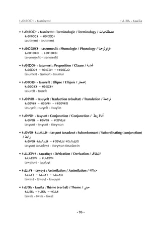 - 95 -
ⵜⴰⵙⵏⵉⵔⵎⵜ - tasniremt ⵜⴰⵡⵉⵍⴰ - tawila
• ⵜⴰⵙⵏⵉⵔⵎⵜ - tasniremt : Terminologie / Terminology / äÉ«ë∏£°üe
ⵜⴰⵙⵏⵉⵔⵎⵜ - ⵜⵙⵏⵉⵔⵎⵜ
tasniremt - tesniremt
• ⵜⴰⵙⵏⵎⵙⵍⵉⵜ - tasenmeslit : Phonologie / Phonology / É«Lƒdƒfƒa
ⵜⴰⵙⵏⵎⵙⵍⵉⵜ - ⵜⵙⵏⵎⵙⵍⵉⵜ
tasenmeslit - tsenmeslit
• ⵜⴰⵙⵓⵎⵔⵜ - tasumert : Proposition / Clause / á«°†b
ⵜⴰⵙⵓⵎⵔⵜ - ⵜⵙⵓⵎⵔⵜ - ⵜⵉⵙⵓⵎⴰⵔ
tasumert - tsumert - tisumar
• ⵜⴰⵙⵓⵔⴼⵜ - tasureft : Ellipse / Ellipsis / QÉª°VEG
ⵜⴰⵙⵓⵔⴼⵜ - ⵜⵙⵓⵔⴼⵜ
tasureft - tsureft
• ⵜⴰⵙⵓⵖⵍⵜ - tasuvelt : Traduction (résultat) / Translation / áªLôJ
ⵜⴰⵙⵓⵖⵍⵜ - ⵜⵙⵓⵖⵍⵜ - ⵜⵉⵙⵓⵖⵍⵉⵏ
tasuvelt - tsuvelt - tisuvlin
• ⵜⴰⵙⵖⵓⵏⵜ - tasvunt : Conjonction / Conjunction / §HQ IGOCG
ⵜⴰⵙⵖⵓⵏⵜ - ⵜⵙⵖⵓⵏⵜ - ⵜⵉⵙⵖⵡⴰⵏ
tasvunt - tesvunt - tisevwan
• ⵜⴰⵙⵖⵓⵏⵜ ⵜⴰⵏⴰⴷⴰⵡⵜ - tasvunt tanadawt : Subordonnant / Subordinating (conjunction)
/ §HGQ
ⵜⴰⵙⵖⵓⵏⵜ ⵜⴰⵏⴰⴷⴰⵡⵜ - ⵜⵉⵙⵖⵡⴰⵏ ⵜⵉⵏⴰⴷⴰⵡⵉⵏ
tasvunt tanadawt - tisevwan tinadawin
• ⵜⴰⵡⴰⴼⵓⵖⵜ - tawafuvt : Dérivation / Derivation / ¥É≤à°TG
ⵜⴰⵡⴰⴼⵓⵖⵜ - ⵜⵡⴰⴼⵓⵖⵜ
tawafuvt - twafuvt
• ⵜⴰⵡⴰⵢⵜ - tawayt : Assimilation / Assimilation / á∏KÉªe
ⵜⴰⵡⴰⵢⵜ - ⵜⴰⵡⴰⵢⵜ - ⵜⴰⵡⴰⵢⵉⵏ
tawayt - tawayt - tawayin
• ⵜⴰⵡⵉⵍⴰ - tawila : Thème (verbal) / Theme / ≈æÑe
ⵜⴰⵡⵉⵍⴰ - ⵜⵡⵉⵍⴰ - ⵜⵉⵡⴰⵍ
tawila - twila - tiwal
 