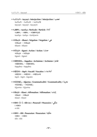 - 97 -
ⵜⴰⵢⵢⴰⵢⵜ - tayyayt ⵜⵉⵍⵉⵜ - tilit
• ⵜⴰⵢⵢⴰⵢⵜ - tayyayt : Interjection / Interjection / Öé©J
ⵜⴰⵢⵢⴰⵢⵜ - ⵜⴰⵢⵢⴰⵢⵜ - ⵜⴰⵢⵢⴰⵢⵉⵏ
tayyayt - tayyayt - tayyayin
• ⵜⴰⵣⵍⵖⴰ - tazelva : Particule / Particle / IGOCG
ⵜⴰⵣⵍⵖⴰ - ⵜⵣⵍⵖⴰ - ⵜⵉⵣⵍⵖⵉⵡⵉⵏ
tazelva - tzelva - tizelviwin
• ⵜⵉⴱⴰⵡⵜ - tibawt : Négation / Negation / »Øf
ⵜⵉⴱⴰⵡⵜ - ⵜⵉⴱⴰⵡⵜ
tibawt - tibawt
• ⵜⵉⴳⴰⵡⵜ - tigawt : Action / Action / çóM
ⵜⵉⴳⴰⵡⵜ - ⵜⵉⴳⴰⵡⵜ
tigawt - tigawt
• ⵜⵉⵇⵇⵓⴱⵔⴰ - tiqqubra : Archaïsme / Archaism / ΩOÉ≤J
ⵜⵉⵇⵇⵓⴱⵔⴰ - ⵜⵉⵇⵇⵓⴱⵔⴰ
tiqqubra - tiqqubra
• ⵜⵉⵇⵔⵉⵜ - tiqrit : Vocatif / Vocative / AGóf IGOCG
ⵜⵉⵇⵔⵉⵜ - ⵜⵉⵇⵔⵉⵜ - ⵜⵉⵇⵔⴰⵜⵉⵏ
tiqrit - tiqrit - tiqratin
• ⵜⵉⵊⵊⵓⵕⵎⴰ - tijjurma : Grammaticalité / Grammaticality / ájƒëf
ⵜⵉⵊⵊⵓⵕⵎⴰ - ⵜⵉⵊⵊⵓⵕⵎⴰ
tijjurma - tijjurma
• ⵜⵉⵍⴰⵡⵜ - tilawt : Afﬁrmation / Afﬁrmation / äÉÑKEG
ⵜⵉⵍⴰⵡⵜ - ⵜⵉⵍⴰⵡⵜ
tilawt - tilawt
• ⵜⵉⵍⵉⵜ (ⵏ-) - tilit (n-) : Possessif / Possessive / »µ∏e
ⵏ ⵜⵉⵍⵉⵜ
n tilit
• ⵜⵉⵍⵉⵜ - tilit : Possession / Possession / á«µ∏e
ⵜⵉⵍⵉⵜ - ⵜⵉⵍⵉⵜ
tilit - tilit
 