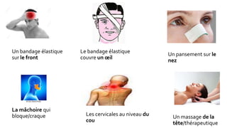 Un bandage élastique
sur le front
Le bandage élastique
couvre un œil
Un pansement sur le
nez
La mâchoire qui
bloque/craque Un massage de la
tête/thérapeutique
Les cervicales au niveau du
cou
 