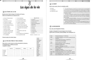 ---- L H o M
Les âges de la vie
.!J LES ÉTAPES DE LA VIE
Remettez dans l'ordre les étapes de l'évolution de l'homme.
Faites-les correspondre avec les âges de la vie.
a. Il entre à l'école primaire.
b. Il se marie.
c. Il joue avec un hochet.
d. Il cherche un emploi.
e. Il pousse son premier cri.
f. Il se tient debout et marche.
g. Il entre au lycée.
h. Il tète son biberon.
i. Il prend sa retraite.
j. Il est dans la force de l'âge.
k. Il marche à quatre pattes.
1. Il sait lire et écrire.
m. Il est idéaliste.
n. Il est matérialiste.
o. Il a ses premiers doutes.
p. Il vit son premier amour.
q. Il atteint sa majorité.
r. Il dit son premier mot.
s. Il entre à l'école maternelle.
t. Il s'occupe surtout de sa santé.
u. Il fait partie d'une bande de
copains.
v. Il commence à poser des
questions.
w. Il s'occupe de sa vie familiale et
de sa vie professionnelle.
Discutez la place de certaines étapes.
3.J LA VIE DES ÊTRES ET DES CHOSES
Dans la liste ci-contre trouvez les verbes qui expriment la naissance,
le développement, la vieillesse et la mort.
Complétez le tableau.
L'homme
La plante
La fleur
Le feu
La civilisation
Naissance Développement Vieillesse
·····T············
20
Âges de la vie
- La naissance
- Le bébé (le nourrisson)
- La petite enfance
- L'enfance (le petit garçon/
la petite fille)
- L'adolescence
- La jeunesse
- La trentaine
- La quarantaine
- Le troisième âge
- La vieillesse
Exemple: La naissance: e, etc.
Mort
croître
décline
se développer
disparaître
éclater
éclore
s'épanouir
s'étendre
s'éteindre
s'étioler
se faner
faiblir
grandir
mourir
naître
pousser
progresser
vieillir
E L H o M M E
lJ LA MORT
Dans le texte suivant, relevez le vocabulaire relatif:
- à la mort
- à la sépulture
- au rituel de la mort
Les anciens Égyptiens croyaient à la vie après la mort. Les morts étaient
enfermés dans un cercueil (un sarcophage) qu'on plaçait dans un tombeau
où l'on mettait tout ce qui était nécessaire à la survie du défunt. La vallée
des Rois est un immense cimetière où les archéologues ont découvert de
magnifiques tombes.
En Inde, les hindouistes incinèrent leurs morts. Pendant la cérémonie
des funérailles, la famille en deuil tourne autour du bOcher en récitant des
textes sacrés. Les cendres sont ensuite jetées dans une rivière, si pqssible
dans le Gange.
Les Parsis n'ont pas de sépulture: chez eux, il n'y a ni enterrement ni
incinération. Les corps de ceux qui sont décédés sont placés au sommet
d'une tour où ils sont dévorés par les vautours.
Quand un Inuit (Eskimo des terres arctiques) sent approcher la mort, il
. se fait conduire loin du village et c'est seul, au milieu de l'immensité gla-
cée, qu'il vit ses derniers moments.
.!J LA BIOGRAPHIE
Lisez cette courte biographie de Mozart.
Imaginez la biographie d'un personnage de votre invention
(grand savant ou inventeur, homme politique, reine, délinquant, etc.)
1756 -
1760 -
1762 -
1766 -
1773 -
1777 -
1781 -
Naissance de Mozart à Salzbourg.
Premières révélations de ses dons exceptionnels de
musicien.
Tournée dans les capitales européennes.
Triomphe du je une prodige.
Mozart reprend ses études.
Emploi de premier violon à Salzbourg.
Premières compositions.
Voyage en Allemagne et à Paris.
Échec de sa passion amoureuse pour la chanteuse
Aloysia Weber.
Installation à Vienne.
Mariage avec Constance, la sœur d'Aloysia.
1782/ 1788.,. Période des grandes œuvres (symphonies, opéras).
1789 - Santé déclinante - Échec financier de ses créations.
1791 - Mort de Mozart dans le dénuement.
21
 