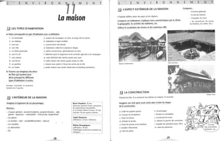L E N v R o N M E N T
La maison
li LES TYPES D'HABITATION
a) Faites correspondre le type d'habitation avec sa définition
1. un immeuble a. maison de montagne, en bois, au large toit en pente
2. un château b. habitation à loyer modéré
3. une tour c. construction très élevée
4. une villa d. habitation collective à plusieurs étages
5. un hôtel particulier e. petite construction, généralement en bois
6. une H.L. M f. bâtiment pour le logement et les activités agricoles à la campagne
7. une cabane g. vaste bâtiment des siècles passés avec parc
8. une ferme h. belle maison des siècles passés située en ville
9. un pavillon i. maison avec jardin à l'écart du centre de la ville
10. un chalet j. petite maison avec jardin située dans la banlieue parisienne
b) Trouvez (ou imaginez) des titres
de films qui auraient pour
décor principal les différents
types d'habitation ci-contre.
Exemple: Immeuble: le mystérieux
locataire du 3e
gauche.
!.I l'INTÉRIEUR DE LA MAISON
Imaginez le logement de ces personnages.
Décrivez:
- L'aspect général : ancien/ moderne, propre/vétuste - sale,
grand - spacieux - vaste/petit - minuscule, large/étroit
- Les pièces
- La lumière : clair - ensole illé/sombre - obscur
- Les meubles
- La décoration
- Etc.
28
René Chamfort, 50 ans,
directeur général d'une entreprise
de construction automobile,
et sa femme Marie-France, 4S ans,
écrivain. Ils ont quatre enfants.
André Montreux
célibataire, 24 ans. Chômeur.
Hélène Bonrguignon
célibataire, 38 ans.
Ethnologue (souvent en mission en
Afrique).
L E N v R o N N E M E N T
lJ l'ASPECT EXTÉRIEUR DE LA MAISON Comparez :
L'habitat d iffère selon les pays et les régio ns.
Comparez ces habitations. Expliquez leurs caractéristiques par le climat,
la géographie, les activités des habitants, etc.
Utilisez le vocabulaire des formes et des matériaux (48).
Maisons tha'ilandaises Villa mexicaine
~ LA CONSTRUCTION
Gérard est fie r. Il a construit lui-mê me sa maison. Il raconte.
Imaginez son récit après avoir remis dans l'ordre les étapes
de la construction.
a. Coller les papiers peints.
b. Creuser les fondations.
c. Poser la toiture.
d. Acheter le terrain.
e. Poser les portes et les fenêtres.
f. Installer l'électricité.
g. Faire les plans.
h. Emménager.
i. Pendre la crémaillère.
j. Construire les murs.
k. Obtenir le permis de construire. .,
1. Installer les sanitaires (eau, WC).
m. Faire les peintures.
29
- la forme générale
- le toit (la toiture)
- la façade, les murs
- les ouvertures (la porte,
les fenêtres, les volets, etc.)
Maison russe
fait moi-même.
D·abord. j'ai...
 
