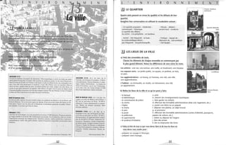 ARCACHON 1331201 -----;-_________~_____'__
Un peu la résidence secondaire des Bordelais. V ille sympathique ct aérée où réside une popu-
lation plutôt bourgeoise ct fermée. Elle possède de nombreux aloulS: le sile toui d'abord. pro-
fitant à la fois de la fOrl:l, de l'Océan ct du bassin. et puis un climat serein, une atmosphère ani-
mée. U ne ville d'été insouciante ct moderne. ct ulle ville d'hiver. avec ses superbes villas au
décor de bois. cachées dans les pins. Arcachon mérite une visite, malgré son côté chicos, ne
serait-ce que pour déco uvrir sa superbe ville d' hiver. Et puis c'est le point de dépa rt pouf
d'incontournables excursions vers des sites uniques comme J'île aux O iseaux, le banc d'A rguÎn,
la dune du Pyla, Cap-Ferrel ct la visile des parcs ostréicoles.
MONT-DE-MARSAN 140000I--------------c:c----__
Inco ntournable capitale d u pays landais située au confluent du Midou et de la Douze, qui
forme le Midouze. O n ne lui trOllve guère de charme. D'un revers de la main clic balaye sa tris-
tesse pour s'éclater lors des fêtes de la Made leine, .Ia deuxième quinzai ne de juillet. Durée :
ulle semaine. C'est alors qu'il faut la visiter. .
PÉRIGUEUX (240001)----------~-_________-I
Chef-lieu de la Do rdogne, avec une population d'enviro n 37000 habitants, Périgueux présente
un visage aimable et serein de ville commerçante provinciale. Peu d'industries, mais on)' trouve
l'impri me rie nationale des timb!es-poste. Q uartiers anciens, ruelles médiévales à parcourir
tranquillement, vieille ville gallo-romaine, autant d'occasions d'agréables pro me nades dans
l'histoire.
te Guide du routard Sud·Ouest, >Q Hachette, 1991
32
ARCACHON 1331201, eh.-1. de eant. de la
G ironde. sur le bassin d'Arcachon ; 13 664 h.
(A rcachollnais). Station balnéaire et clima-
tique. Casino. Ostréiculture. - Le bassin (ou
baie) d' A rcacho n, ouve rt sur l'A tlantique,
est le plus vaste des étangs landais ( 15 000
ha) et une importante région ostréicole.
MONT-DE-MARSAN 1400001, eh.-1. du dép. des
Landes. au conn. du Mido u ct de la Douze, à
687 km au sud-o uest de Paris; 30 894 h.
(Montois). Centre administrati f ct co mmer-
cial. Muséc du donjo n Lacataye. Base
aé ricnne militaire.
PÉRIGUEUX 1240001, eh.-1. du dép. de la
Dordogne et anc. cap. du Périgord, sur l'Isle,
à 473 km au sud-ouest de Paris; 35 392 h.
(Périgourdins). IL'agglomération co mpte
plus de 60 000 h.] Évêché. Industries ali-
mentaires. Chaussures. A telier d'impression
de timbres-poste. Vestige~ romains (<<tour de
Véso ne» ). Église St-Étienne et cathédra le
St-Front (très restaurée), romanes, à files de
co upoles. Vie illes de meures. Musée d u
Périgord.
Petit tarousse illustré, 1990
L E N v R o N
~ LE QUARTIER
Quatre amis passent en revue les qualités et les défauts de leur
quartier.
'Imaginez leur conversation en utilisant le vocabulaire suivant :
- Un quartier populaire - résidentiel-
commerçant - historique.
Le quartier des affaires.
Au centre - à la périphérie - en banlieue.
- Vétuste - délabré -
ancien/neuf - moderne.
N
- Animé - très fréquenté - la foule -
les embouteillages/désert-
peu fréquenté - bruyant/tranquille.
- Pratique - équipé de -
disposant de.. ./pas pratique
- mal équipé.. .
.!J LES LIEUX DE LA VILLE
a) Voici des ensembles de mots.
Classez les éléments de chaque ensemble en commençant par
le plus grand élément. Notez les différences de sens entre les mots.
Les artères : une rue, une avenue, une ruelle, un boulevard, une impasse.
Les espaces verts: un jardin public, un square, un jardinet, un bois,
un parc.
Les agglomérations : un bourg, un hameau, une cité, une ville,
une agglomération.
L'habitat : un immeuble, un studio, un lotissement, une cité,
un appartement.
b) Reliez les lieux de la ville et ce qu'ony eut yfaire.
- la banque a. prier
E
- la bibliothèque b. obtenir des renseignements touristiques
- le commissariat de police c. faire garder ses enfants
M E N
Sceaux, banlieue
parisienne
- la crèche d. effectuer des formalités administratives (état civil, logement, etc.)
- l'église
- la mairie
- le parc
- la poste
- la préfecture
- le supermarché
- le syndicat d'initiative
e. poster une lettre ou un paquet
f. déposer une plainte, un objet trouvé
g. se promener
h. effectuer des formalités administratives (cartes d'identité, passeports,
papiers de voiture, etc.)
i. retirer ou déposer de l'argent
j. faire des achats
k. lire ou emprunter des livres
c) Faites la liste de tout ce que vous devez faire et de tous les lieux où
vous devez vous rendre pour :
- préparer un voyage à l'étranger,
- préparer votre mariage.
33
T
 
