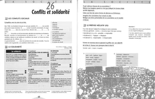 / /
L A 5 o c T E
6
E
(onflits et solidarité
.!J LES CONFLITS SOCIAUX
Complétez avec les mots de la liste.
Mai 1968. Les étudiants français ne sont pas satisfaits. Ils ......... une société
plus juste et plus humaine. Ils ......... contre l'autorité universitaire. Ils orga-
nisent des ......... dans les rues de Paris, élèvent des ..... .... et .. ....... la
police.
Les ..... .. .. d'ouvriers et de fonctionnaires décident de rejoindre les étudiants.
Bientôt, ouvriers et fonctionnaires se mettent en .. ....... Ils .... ..... de
meilleurs salaires et de meilleures conditions de travail. La France est alors
paralysée par dix millions de ........ .
Le gouvernement ......... avec les syndicats les accords de Grenelle. Tous les
salaires sont augmentés. Les syndicats votent alors .. .. .... .
3..J LA SOLIDARITÉ
La solidarité
Dons la vie, il y a certains moments où l'on a
besoin de conseils, d'assistance ou tout simplement
d'écoute. Ce réconfort,de nombreuses associations
(souvent bénévolesll'opportent choque jour il ceux
qui sont trop souvent «oubliés•.
MAMY SITTING SERVICE
© 46 375124
• Pour tenir compagnie à une personne âgée.
• Frois d·ogence 50 Fet 40 F/h.
Pour avoir une ,lectriceJaussi charmante que Miou-
Miou àvoIre chevef'l, une étudiante pour foire vos
(ourses el vous emmeneren promenade,ou une oMe-
soignante pour vous surveiller.. . AI/ention ! il ne
s'agit pas de personnelmédical.
17' arrondissement
COMITÉ NATIONAL D'AIDE AUX HANDICAPÉS
190,bdMalesherbes
75017 Paris M' Malesherbes
© 46 2206 82
• Conseils, information et assistance.
• Grotuit
n
D
(et organisme officielvienl en aide aux personnes saul·
Iranl d'un handicap physique au mental et agit en
laveur d'une meilleure insertion des handicapés dans
la société.
SOS AMITIÉS
© 43643131 et46213131liour) Œli
429626 96 (nuit) D
• Soutien pour personnes en détresse.
·24h/ 24.
• Grotui!.
Irrésistiblement parodiée dans ,le père Noël est une
ordure»/tI, l'association SOS Amitiésasans doute sauvé
bien des vies depuis sa création. Pour" raccrocher à
un Iii quand tout va mal...
- affronter
négocier
réclamer
revendiquer
se révolter (contre)
- un syndicat
une grève (se mettre en
grève, faire la grève)
un gréviste
une manifestation
une barricade
la reprise du travail
,
Paris Combines, P. Bataille · L. Fontaine,
MA Éditions 1990.
SOS DÉPRESSION n
© 422220 00 Œli
• Écoute téléphonique pour personnes déprimées.
.24 h/24.
• Gratuit.
Une autre association quiapporte soutien et récanlort
aux dépressils.
Hi' arrondissement
LES RESTOS DU CŒUR
221, rue lalayeffe
75010 Paris
© 42404345
• Association qui met en place, chaque hiver, des
centres de distribution de nourriture et de repas pour
les personnes les plus défavorisées.
.24 h/24.
• Gratui!.
(ofuché" serait lier des restos du rœur s'if revenait
aujourd'hui! En 5ans, l'organisation qu'il amise sur
pied en décembre 1985 distribue, rhaque année
lorsque le Iroid arrive, plus de 25 millions de repas
aux plus démunis! 9000 bénévoles se refayentpour
rantinuer<l'histoire d'unmer..••
{" Allusion au film La Lectrice dont le rôle
principal était tenu par J'actrice Miou·Miou.
(l) Nom d'une pièce de théâtre, puis d'un mm où les activités (lI Coluche (décédé en , 987), célèbre humoriste
d'un organisme d'entraide sont tournées en dérision. et fondateur des restaurantsdu cœur.
60
L A 5 o c
À qui s'adresse chacune de ces associations ?
Relevez (ou imaginez quand ce n'est pas indiqué) les formes d'aide
qu'elles apportent,
Faites une liste des autres formes de détresse ou d'infortune.
Imaginez des associations leur venant en aide.
Rédigez une brève présentation de ces associations sur le modèle
ci-dessus.
l.I LE PRÉFIXE NÉGATIF I(N)-
Il se met devant l'adjectif et indique le sens contraire.
• in (cas général) - connu -7 inconnu (qui n'est pas connu).
• im (devant m, p, b) - possible -7 impossible
• il (devant 1) - logique -7 illogique
• ir (devant r) - responsable -7 irresponsable
Formez un nouveau mot en ajoutant le préfixe i(n)- aux adjectifs
de la liste A. Trouvez son synonyme dans la liste B.
Exempte: apte -> inapte = incapable
A
/
E T É
Attention!
• in audébut d'un mot n'a pas forcément
un sens négatif (intelligent).
• Les deuxadiectifs (avec et sans préfixe)
n'existent pas toujours (imbattable
signifie «qu'on ne peut pas battre» mais
«battable» n'existe pas).
apte - actif - habituel - légal -
lettré - limité - logique -
mangeable - mobile - moral -
occupé - satisfait - résolu -
respectueux
B
corrompu - désœuvré -
hésitant - ignorant - immense-
incapable - incohérent -
interdit - insolent - libre -
mécontent - mauvais - rare -
sans mouvement
 