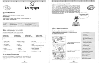 c U L T U R E E T 5
Les voyages
.!J LES TRANSPORTS
Caractérisez chacun des moyens de transport suivants
par cinq adjectifs.
l'avion - le taxi- le bateau - le vélo - le train - la voiture personnelle - la
moto - le métro - le voyage à pied
la rapidité
le prix
: rapide/lent le confort
: cher/bon marché
: confortable/inconfortable
reposant/fatigant
la sécurité : dangereux/sûr la convivialité : possibilité de rencontrer des gens
!.J LE DÉROULEMENT DU VOYAGE
Reconstituez les étapes des quatre voyages suivants.
Voyage en train Voyage en voiture Voyage en avion Voyage en bateau
R ,5
(de Paris à Nice) (de Paris à Marseille) (de Paris à New York) (de Nice à la Corse)
a - c ".
a. acheter le billet
b. aller à l'aéroport
c. aller à la gare
d. se rendre au port
e. arriver
f. accoster
g. s'arrêter pour déjeuner
h. atterrir
i. boucler sa ceinture
k. composter le billet
1. décoller
m. débarquer
n. descendre
o. démarrer
p. embarquer
q. enregistrer les bagages
lJ LA QUALITÉ DU VOYAGE
r. lever l'ancre
s. lire pendant le vol/le trajet/la traversée
t. monter
u. mettre les bagages dans le coffre
v. passer le contrôle de police
w. passer à la douane
x. prendre de l'essence
y. passer au poste de péage
Les voyages se suivent et ne se ressemblent pas. Voici la réponse que
donne un voyageur à la traditionnelle question: <Nous avez fait bon
voyage ?»
74
c____U'_ ....,;L_____T---..;;U;...... R E E T L
Imaginez un récit totalement opposé à celui-ci.
Ma foi, il y a eu des hauts et des bas, ce qui est normal, me direz-vous, pour un
voyage en avion. D'abord, nous avons décollé avec deux heures de retard et
l'altente à l'aéroport a été plutôt pénible. On ne nous a même pas offert une
boisson. Le vol a été particulièrement éprouvant. Nous avons été très secoués à
cause des turbule nces', J'étais assis à côté d'un hublot mais je n'ai rien vu. Le
temps a été nuageux pendant tout le parcours. Heure usement, le service était
impeccable, les hôtesses charmantes et Jes repas presque gastronomiques. Mais à
l'arrivée, quelle peur ! Le pilote a failli rater son atterrissage et J'avion s'est
arrêté de justesse en bout de piste...
o 5 R
Nous sommes partis
à l'heure exacte...
~ LES OBJETS DU VOYAGE
Répartissez les objets suivants entre ces trois voyageurs.
Chaque voyageur doit recevoir 6 objets et un objet ne peut pas
être attribué à deux voyageurs.
a. Elle va passer trois semaines sur
une plage tropicale.
b. Il va faire de la randonnée à pied
à travers les Pyrénées.
c. Elle part seule visiter l'Angleterre,
en voiture au mois de février.
75
1. un appareil photo
2. un baladeur
3. une boussole
4. une carte routière
5. des cachets pour le mal de
mer.
6. une carte d'état-major
7. un dictionnaire bilingue
8. un guide touristique
9. un imperméable
10. une lampe de poche
11 . des lunettes de soleil
12. un maillot de bain
13. un produit anti-moustiques
14. des romans policiers
15. une serviette de bain
16. un sac à dos
17. une tente
18. une trousse d'urgence
5
 