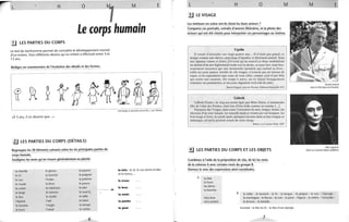 L H o
1
M E
Le corps humain
.!J LES PARTIES DU CORPS
Le test du bonhomme permet de connaître le développement mental
d'un enfant. Voici différents dessins qu'un enfant a effectués entre 3 et
13 ans.
Rédigez un commentaire de l'évolution des détails et des formes.
«À 3 ans, il ne dessine que.. .»
LI LES PARTIES DU CORPS (DÉTAILS)
Regroupez les 30 éléments suivants selon les six principales parties du
corps humain.
Soulignez les mots qu'on trouve généralement au pluriel.
la cheville le genou la paume
le cil la hanche le poignet
le cou l'index la poitrine
le coude la lèvre le pouce
la cuisse la mâchoire le sein
le doigt le menton le sourcil
l
le dos le mollet la taille
l'épaule l'ceil le talon
la fossette l'ongle la tempe
le front l'orteil le ventre
6
Psychologie el éducation (tome 111), J. Leif, Nalhan
la tête : le cil, le cou (entre la'tête
et le tronc),.. .
le tronc · ...
le bras · ..,
~
la main · .,.
la Jambe · ...
le pied ·...
"
L H o M
1.J LE VISAGE
Les metteurs en scène ont-ils choisi les bons acteurs?
Comparez ces portraits, extraits d'œuvres littéraires, et la photo des
acteurs qui ont été choisis pour interpréter ces personnages au cinéma.
Ugolin
• il venait d'atteindre ses vingt-quatre ans.. . Il n'était pas grand, et
maigre comme une chèvre, mais large d'épaules, et durement musclé. Sous
une tignasse rousse et frisée, il n'avait qu'un sourcil en deux ondulations
au-dessus d'un nez légèrement tordu vers la droite, et assez fort, mais heu-
reusement raccourci par une moustache épointée qui cachait sa lèvre ;
enfin ses yeux jaunes, bordés de cils rouges, n'avaient pas un instant de
repos, et ils regardaient sans cesse de tous côtés, comme ceux d'une bête
qui craint une surprise. De temps à autre, un lic faisait brusquement
remonter ses pommettes, et ses yeux clignaient trois fois de suite.
Marcel Pagnol, l el/ll de Floreue, Éditions Pastorelly 1971
Lisbeth
LisIJeth Fischer, de cinq ans moins âgée que Mme Hulot, et néanmoins
fille de l'aîné des Fischer, était loin d'être belle comme sa cousine [.. .]
Paysanne des Vosges, dans toute l'extension du mot, maigre, brune, les
cheveux d'un noir luisant, les sourcils épais et réunis par un bouquet, les
bras longs et forts, les pieds épais, quelques verrues dans sa face longue et
simiesque, tel est le portrait concis de celle vierge.
Balzac, La Cousille Belle, 1847
.±.J LES PARTIES DU CORPS ET LES OBJETS
Combinez à l'aide de la préposition de (du, de la) les mots
de la colonne A avec certains mots du groupe B.
Donnez le sens des expressions ainsi constituées.
A la tête
le front
les dents
la bouche
M E
Daniel Auteuil
dans le film Jean de Florette
Alice Sapritch
dans La Cousine Bette (téléfilm)
le(s) bras
le(s) pied(s)
B la table - le fauteuil - le lit - la langue - le peigne - la scie - l'épingle -
la montagne - le fleuve - la mer - le pont - l'égout - le métro - l'incendie-
la lecture - la bataille.
Exemple: la tête du lit - la tête d'une épingle.
7
 