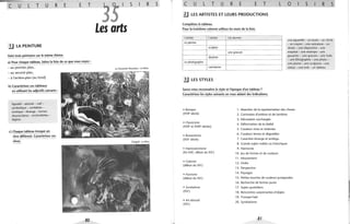 c u L T u R E E T
.!J LA PEINTURE
Voici trois peintures sur le même thème.
a) Pour chaque tableau, faites la liste de ce que vous voyez :
- au p remier plan,
- au second plan,
- à l'arriè re-plan (au fond)
b) Caractérisez ces tableaux
en utilisant les adjectifs suivants :
figuratif - abstrait - naïf -
. symbolique - surréaliste -
exotique - étrange - formes
douces/dures - enchevêtrées -
légères
c) Chaque tableau évoque un
rêve différent. Caractérisez ces
rêves.
80
s R s
Les arts
Le Douanier Rousseau : Le Rêve
Chagall : l e Rêve
c u L T u R E E T
3...J LES ARTISTES ET LEURS PRODUCTIONS
Complétez le tableau.
Pour la troisième colonne utilisez les mots de la liste.
L'artiste L'action Les œuvres
Le peintre
sculpter
une gravure
dessiner
Le photographe
caricaturer
!J LES STYLES
Savez-vous reconnaître le style et l'époque d'un tableau?
Caractérisez les styles suivants en vous aidant des indications.
L o s R s
une aquarelle - un buste - un cliché
- un crayon - une caricature - un
dessin - une diapositive - une
esquisse - une estampe - une
gouache - une gravure - une huile
- une lithographie - une photo -
une plume - une sculpture - une
statue - une toile - un tableau
• Baroque
(XVII' siècle)
1. Abandon de la représentation des choses
• Classicisme
(XVII' et XVIII' siècles)
• Romantisme
(XIX' siècle)
CI Impressionnisme
(fin XIX', début du XX')
• Cubisme
(début du XX')
• Fauvisme
(début du XX')
• Surréalisme
(XX')
• Art abstrait
(XX')
2. Contrastes d'ombres et de lumières
3. Décoration surchargée
4. Déformation de la réalité
5. Couleurs vives et violentes
6. Couleurs ternes et dégradées
7. Caractère étrange et ambigu.
8. Grands sujets nobles ou historiques
9. Harmonie
10. Jeu de formes et de couleurs
11 . Mouvement
12. Ordre
13. Perspective
14. Paysages
15. Petites touches de couleurs juxtaposées
16. Recherche de formes pures
17. Sujets quotidiens
18. Rencontres surprenantes d'objets
19. Trompe-l'œil
20. Symbolisme
81
 