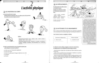 L H o
L
M
L'activité physique
.lJ LES POSITIONS DU CORPS
al Vous êtes professeur de yoga.
Quelles directives donneriez-vous à vos élèves pour qu'ils prennent
les positions des personnages suivants?
Utilisez:
E
Mouvements des membres: lever... / baisser... plier... croiser... écouter...
allonger... étirer. .. poser... passer.. .
Mouvements généraux du corps : se pencher - se courber - se renverser -
s'asseoir - s'allonger - se (rellever - être assis/debout/, etc. - se tenir pen-
ché/, etc.
bl Quels conseils donneriez-vous aux sportifs suivants pour
qu'ils adoptent une bonne position?
- au skieur pour qu'il descende rapidement
- au joueur de tennis
- au joueur de golf quand il frappe la balle avec son club
- au plongeur 1
- au boxeur
8
L H
3.J LES DÉPLACEMENTS
Un petit groupe de soldats avance
en territoire ennemi.
Imaginez les obstacles, les lieux,
les événements qui peuvent les
faire :
- courir - reculer - accélérer
- glisser - grimper -
patauger - errer - trébucher-
sauter - tomber - ramper.
Exemple: Ilscourent en traversant
un terrain découvert.
o
lJ LES ATTITUDES ET LES MOUVEMENTS
M
Dans La Jalousie, Alain Robbe-Grillet décrit avec précision les attitudes
et les mouvements d'un personnage (qu'il nomme par la lettre A...).
Lisez l'extrait ci-contre et complétez le tableau.
Mouvements et déplacements Positions et attitudes
A... referme la porte A... est adossée à la porte
En utilisant le même tableau, imaginez et notez les mouvements,
les déplacements et les attitudes des personnages suivants:
- Nicole vient de rompre avec son petit ami. Elle erre dans les rues du
centre-ville...
- Julien arrive essoufflé devant l'immeuble où habitent ses parents.
Il vient leur annoncer une grande nouvelle.. .
- Hervé, un jeune homme timide, est allé à la soirée que donne un de
ses amis. Il espère pouvoir bavarder seul avec Stéphanie. Mais il y a
beaucoup de monde à cette soirée et de nombreux garçons s'inté-
ressent à la jeune fille...
9
M E
Adossée à la porte intérieure
qu'elle vient de refermer, A ..., sans
y penser, regarde le bois dépeint de
la balustrade, plus près d'elle l'appui
dépeint de la fenêtre, puis, plus près
encore, le bois lavé du plancher.
Elle fait quelque pas dans la
chambre et s'approche de la grosse
commode, dont elle ouvre le tiroir
supérieur. Elle remue les papiers,
dans la partie droite du tiroir, se
penche et, afin d'en mieux voir le
fond,' tire un peu plus le casier vers
elle. Après de nouvelles recherches,
elle se redresse et demeure immo·
bile, les coudes au corps, les deux
avant-bras repliés et cachés par le
buste - tenant sansaucun doute une
feuille de papier entre les mains.
Elle se tourne maintenant vers la
lumière, pour continuer sa lecture
sans se fatiguer les yeux. Son profil
incliné ne bouge plus.
Robbe-Grillet, La jalousie,
Les Éditions de Minuit ( 1957)
 