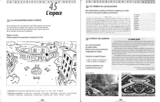 L A D E 5 ( R p T o N
E4 E
L'espace
.!J LA LOCALISATION DANS L'ESPACE
Dans quelques jours un important chef d'État passera une journée
et une nuit dans ce village. Pour prévenir un éventuel attentat,
son chef de sécurité note avec précision tout ce qu'on peut voir
de la chambre où dormira le président.
Rédigez ces notes.
Utilisez la plupart des prépositions et adverbes de la liste.
~ .
=
~,
.....-
...
• Prépositions (se construisent seulement avec un nom) : dans - sur - sous - entre - le long de.
,
R E ( T
• Prépositions et adverbes: au milieu (de) - au fond (de) - en face (de) - au bord (de) - autour (de) - au sommet (de)
- à côté (de) - à droite (de) - à gauche (de) - au-dessus (de) - au-dessous (de) - devant - derrière - à travers.
104

L A DES ( R P T o N E T L E
3.J LES VERBES DE LOCALISATION
Dans chaque phrase, remplacez les éléments soulignés par un verbe
de la liste. (II faut parfois modifier la construction.)
Chers amis,
Je vous écris de Marrakech où je passe d' agréables vacances . Le cadre est
superbe . La ville est ail pied des hautes Tl'!0ntagnes de l ' Atlas . Autour de
la ville, I~ des palmeraies et des champs d' oliviers . Le Club
Méditerranée est juste à cÔté de la place principale . Tout près de là, il
~ le haut minaret de la Koutoubia . Un peu plus loin, ~ le souk,
le marché couvert . Il est immense . Là, sont disposées cÔte à cÔte des
centaines de petites boutiques . Nous avons eu beaucoup de peine à passer
d' un bout à l ' antre de ce dédale de petites ruelles . Nous avons marché le
long des boutiques des vendeurs de cuivres, puis, nous avons découvert le
coin des teinturiers qui est un peu plus loin...
se trouver
se situer
côtoyer
traverser
longer
dominer
entourer
s'élever
s'aligner
.!J L'ESPACE DES JARDINS
Lisez cette présentation
des jardins arabes.
Relevez tous les mots qui décrivent
l'organisation de l'espace.
Comment est organisé l'espace :
-> dans un jardin à la française?
-> dans un jardin à l'anglaise?
Comment organiseriez-vous
le jardin dont vous rêvez?
Jardin à l'anglaise
LES JARDINS ARABES
Le XIIIe siècle est marqué autour de la Méditerranée, mais principalement
en Espagne du Sud et au Maroc, par un développement extraordinaire de la
civilisation arabe, développement accompagné par la construction de palais,
de mosquées et bien sûr de jardins somptueux.
S'ils sont petits, ils sont cependant logiques, ordonnés, proportionnés et
témoignent de beaucoup de recherches et de sensibilité. Ils s'intègrent tou-
jours aux bâtiments (palais ou galeries) qu'ils prolongent comme un salon de
plein air, fait pour y vivre.
Très réguliers dans leur dessin, utilisant beaucoup la maçonnerie, les élé-
ments dominants sont l'eau, la couleur et les parfums. Ces jardins sont soit
de minuscules «patios», délicatement décorés, soit des cours importantes,
ornées tout simplement d'un bassin et de haies taillées, soit enfin de véri-
tables jardins intérieurs parfaitement géométriques où l'on retrouve
d'ailleurs le caractère, en beaucoup plus riche, des jardins de cloître.
J. D. Nessmann, Créer, efl~relenir SOli jarl/ill
Ed. SAEP. Ingershein 68000 Colmar
Jardin à la française
=~r-~~.~~.__~~~~=
105
 