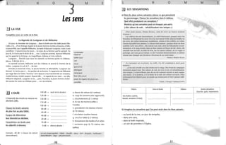 L H o M E
Les sens
.!.J LA VUE
Complétez avec un verbe de la liste.
La légende de Lusignan et de Mélusine
Un jour, le chevalier de Lusignan... dans la forêt une très belle jeune fille.
Celle-ci le... d'un étrange regard et le jeune homme tombe amoureux d'elle.
La jeune fille, qui s'appelle Mélusine, accepte d'épouser Lusignan, mais à une
condition: il pourra tous les jours... le corps de sa femme sauf le samedi. Ce
jour-là, il n'aura pas le droit de la ... nue. Lusignan promet, épouse Mélusine
qui lui apporte la richesse, un magnifique château et trois enfants.
Lusignan ... bientôt que tous les samedis sa femme quitte le château.
Jaloux, il décide de la .. .
Le samed i suivant, Mélusine sort du château et prend le chemin de la
rivière. Lusignan la suit et l'... de loin.
Arrivée au bord de l'ea u, la jeune femm e se déshabille. Lusignan est
étonné. II n'arrive pas à ... les jambes de sa femme. II s'approche de Mélusine
qui nage dans la rivière. Horreur! Son épouse s'est transformée en monstre,
moitié femme, moitié serpent. Quand elle ... le regard de son mari... sur elle,
Mélusine disparaît. Lusignan ne la ... plus. Pourtant, la jeune femme revien-
dra toutes les nuits au château pour ... sur ses enfants.
~ L'OUïE
L'intensité des bruits se mesure en
décibels (dB).
Classez les bruits suivants
du plus fort au plus faible.
Essayez de déterminer
leur intensité en décibels.
Caractérisez ces bruits avec
les adjectifs ci-dessous.
140 dB -> seuil de la douleur
130 dB ->
120 dB ->
110 dB ->
100 dB ->
80 dB ->
60 dB->
40 dB ->
20 dB ->
10 dB ->
odB -> silence ~bsolu 
contempler
observer
veiller (sur)
voir
revoir
apercevoir
distinguer
remarquer
fixer (des yeux)
poser (le regard, les yeux) sur...
surveiller
a. klaxon de voiture (à 4 mètres)
b. coup de tonnerre (très rapproché)
c. chuchotements (à 1 mètre)
d. tic-tac de montre (collée à
l'oreille)
e. grondement de réacteur d'avion
(à 10 mètres)
f. circulation routière intense
g. cris d'un bébé (à 2 mètres)
h. bruissement des feuilles d'un arbre
i. orchestre pop (à 10 mètres des
baffles)
Exemple: 80 d8 -> klaxon de voiture
(assourdissant).
un son imperceptible - faible - étouffé - doux - fort - bruyant - tonitruant-
assourdissant - aigu - perçant/sourd.
10
L H o
l.I LES SENSATIONS
a) Dans les deux scènes suivantes relevez ce que perçoivent
les personnages. Classez les sensations dans le tableau.
Quel effet produisent ces sensations?
Montrez qu'une sensation peut en évoquer une autre.
«<Des odeurs de nuit... rafraîchissaient mes tempes.»)
M
(Une jeune femme, Emma Bavary, vient de vivre un illlellse moment
d'amour.)
Les ombres du soir descendaient; le soleil horizontal, passant entre les
branches, lui éblouissait les yeux. Çà et là, tout autour d'elle, dans les feuilles ou
par terre, des taches lumineuses tremblaient, comme si descolibris, en volant,
eussent éparpillé leurs plumes. Le silence était partout ; quelque chose de doux
semblait sortir des arbres; elle sentait son cœur, dont les battements recom-
mençaient, et le sangcirculer danssa chair comme un fleuve de lait. Alors, elle
entendit tout au loin, au-delà du bois, sur les autres collines, un cri vague et
prolongé, une voix qui se traînait, et elle l'écoutait silencieusement, se mêlant
comme une musique aux dernières vibrationsde ses nerfsémus.
Flaubert, Madame Bovary
(Le narratellr est en prison. La veille, il a été condamné à mort pour
meurtre.)
...je me suisréveillé avec des étoiles sur le visage. Des bruits de campagne
monlaient jusqu'à moi. Des odeurs de nuit, de terre et de sel rafraîchissaient
mes tempes. La merveilleuse paix de cel été endormi entrait en moi comme
une marée. À ce moment, et à la limite de la nuit, des sirènes ont hurlé. Elles
annonçaient des départs pour un monde qui maintenant m'était à jamais indif-
férent.
Visions
«les étoiles» (calme,
beauté, sensation d'infini)
Camus, uttrlJ/lger, Gallimard (1957)
Sons et bruits Odeurs
b) Imaginez les sensations que l'on peut avoir dans les lieux suivants:
- au bord de la mer, un jour de tempête,
- dans une cave,
- dans la forêt tropicale,
- un soir de première à l'Opéra.
11
M E
Autres sensations
(toucher, goût, impressions)
 