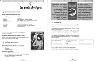L H o
~
M
Les états physiques
.!J LES SENSATIONS PHYSIQUES
a) Reliez les sensations physiques à leur cause.
Causes - États physiques
- avoir faim
Sensations - Comportements
- transpiration
- avoir soif - pâlir, être paralysé, trembler, s'évanouir
- être épuisé - avoir une légère douleur à l'estomac, un léger vertige
- être nerveux, excité - remuer, bouger constamment
- être en colère - avoir la gorge sèche
- avoir chaud - rougir, s'étouffer, accélération du cœur
- avoir froid - avoir envie de s'allonger, avoir des courbatures
- avoir peur - trembler, frissonner
Un bon mime est capable de traduire des états physiques
uniquement par gestes.
b) Comment mimeriez-vous les états physiques ci-dessus?
Exemple: la faim: enfoncer la main dans le creux de l'estomac, rentrer les joues,
porter la main à la bouche comme pour manger.
~ LA FORME ET LA FATIGUE
Dans la publicité page 13, relevez les mots et expressions
qui évoquent:
- la fatigue,
- la forme physique.
Imaginez une publicité pour:
- des cachets contre le mal de mer,
- un produit alimentaire (biscuit ou chocolat) po~r couper la
faim que l'on peut ressentir entre les repas,
- une tisane pour dormir.
12
Le mime Yves Rion
E L H o M M E
Vivre sous pression, stressé, surmené. .
S'épuiser toute la nuit àchercher le
sommeil.
Se lever du piedgauche, les nerfs à
fleur de peau. Collectionner les
traitements de choc comme un .
boxeurles mauvais coups. Ou alors,
traiter le malpar la nature.
Tout simplement. AvecAubeline :
Arkogélules d'aubépine.
Oui, découvrir les vertus
bienfaisantes etl'efficacité des
plantes médicinales dans Aubeline.
Et sentir son corps enfin se détendre,
son espritenfin s'apaiser. Retrouver
enfin un sommeil vrai, profond,
paisible. ft après une nuitcalme,
vivre une journée sereine. Être à
nouveau soi-même, en paix avec la
nature. Aubeline, en pharmacie.
li LE PRÉFIXE RE-
a) Classez dans le tableau les verbes en italique selon le sens du préfixe
re-.
- «Nous partons. Nous essaierons de ne pas rentrer trop tard. Je pense
que nous reviendrons vers 6 h.»
- «Je vais à la gare chercher un ami d'enfance. Ça fait vingt ans que je
ne l'ai pas revu. Je me souviens. Il était venu ici pour mon mariage.
Puis, il est revenu l'année suivante. Après, nous nous sommes perdus
de vue. Je ne sais pas si je vais le reconnaÎtre.»
- «Le trésorier recherche une erreur dans ses comptes. Il a déjà refait
trois fois ses additions sans retrouver l'erreur. Il doit donc recom-
mencer ses calculs. »
Sens de répétition de l'action Sens de retour au point de départ
ou à l'état initial
rentrer
b) Dans quelle(s) colonne(s) classeriez-vous les verbes suivants?
repartir - redire - rapporter - relire - rejouer - ressortir - se recoucher.
13
Arkopharma-laboratoires pharmaceutiques
Autre sens
 