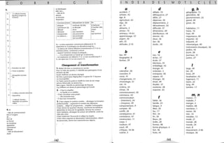 - 3 millions d'années (Ho me)
o - Aujourd'hui,,,
4. a)
5 milliards d'années:
disparition du système
solaire.
- Idée de commencement
être à l'origine
de ...
être né
se former
se constituer
apparaître
commencer
débuter
- Idée de déroulement
durer
se développer
aller vers...
- Idée de fin
aboutir
se terminer
disparaître
Commencement
G É s
Déroulement et durée Fin
attaquer
commencer (à)
débuter
démarrer
entreprendre
se mettre à...
continuer (à) (de)
se dérouler
(s')achever
(s')arrêter (de)
durer
(se) maintenir
(se) poursuivre
(se) prolonger
(se) succéder
cesser
finir
(se) terminer
b) - La foire exposition commencera (débutera) le 15
septembre et se pralongera (se déroulera) jusqu'au...
_ La séance de cinéma débutera (commencera) à 21 h et se
terminera (finira, s'achèvera) à minuit.
_ Quand l'orchestre attaqua (a attaqué)...
- ... il va entreprendre un travail qui se poursuivra.
_ Les explosionsont débuté à 11 h, se sont succédé jusqu'à 1
h, ont repris vers 3 h et ont cessé à 4 h.
51
Changement et transformation
1. Robert De Niro se transforme en ouvrier.
Pour La Valse des pantins, il s'identifie aux participants d'une
émission de télé.
Dustin Hoffman est devenu clochard.
De Niro a grossi pour Raging Bull. II a grossi de 15 kg pour
Les Incorruptibles.
Liz Taylor prend du poids et modifie les traits de son visage
Johnny Weismuller est devenu fou ...
Bela Lugosi s'identifie au personnage de Dracula.
Guy Williamsest devenu le personnage qu'il jouait.
2. - Il faut la simplifier.
- ... ce liquide va se solidifier.
- Il faut concrétiser votre projet.
- ... elle dramatise tout.
- Il veut tout monopoliser.
3. Il faut adapter le système scolaire... développer la formation
professionnelle... augmenter le nombre des bâtiments
scolaires.. . alléger les programmes... simplifier l'orthographe.
Il faut rénover les quartiers vétustes, transformer les banlieues
déshéritées en lieux de vie agréables, favoriser les contacts
entre habitants, développer les actions de solidarité, rendre les
villesplussûres.
Il faut moderniser l'économie et alléger les impôts.
Il faut mieux organiser et décentraliser l'administration, réduire
les personnels, donner leur autonomie aux régions.
1 
142
N D
a
accident; 7
acheter; 42
âge;8
agriculture; 43
aigu; 36
air; 14
aliments; 5
amour; 10
animaux; 19-43
apprentissage; 37
argent; 30
arts; 35
attitudes; 2-1 0
b
bas; 49
biographie ; 8
bureau ; 39
C
calendrier ; 50
caractère; 9
cause; 41
changements; 51
chronologie; 51
ciel ; 14
cinéma ; 34
E
climat ; 18
commencement; 50
commerce; 42
communication
- (intention); 24
- (moyens); 39
comportement; 9
compter; 30
conflit; 26
conséquence; 41
consistance; 47
construction; 11
corps; 1
couleurs; 47
court; 49
critiques; 34-36
cuisine; 5
x D E s
d
défaite; 33
délinquance; 27
délits; 27
dépenses; 30
déplacements; 2
déroulement ; 50
difficulté ; 37
dimensions; 49
distributeurs; 44
donner ; 42
doux ;36
dur ; 36
durée; 50
e
eau; 16
échec; 37
école ; 37
élections ; 25
emballage; 42
énergie; 41
entendre; 3
entreprise; 40
espace; 45
étranger; 30
étroit; 49
étudier; 37
exotisme; 28
exporter; 42
f
faible ; 36
famille ; 23
fatigue ; 4
fêtes; 50
feu; 17
film; 34
fin; 50
fleurs; 20
forêts; 20
formes; 48
forme physique ; 4
fort; 36
fruits ; 43
143
M o T s c
9, h
géographie ; 15
géométrie; 48
gouvernement ; 25
grand; 49
grave; 36
habitation; 11
haine; 10
haut; 49
importance ; 49
importer ; 42
industrie ; 41
L É
informatique ; 40
instruments (musique); 36
jardins ; 45
jeune ; 28
journaux ; 31
justice; 27
1
large ; 49
lire ; 29
livres ; 29
localisation ; 45
logement ; 11
loisirs; 22
long ; 49
lumière ; 17
m, n
maison ; 11
maladie ; 7
manger ; 5
matière ; 48
membres; 1
mener ; 56
mer ; 16
meubles; 12
mode ; 21
monde ; 28
morale ; 24
mort ; 8
mouvement ; 2-46
musique; 36
s
 