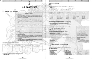 L
>,:...".. .. ,- .... .)(.'.
, .. ......... ,
H
11). ..
~ . . ,
o M E
7 façons de manger
• a) Le boulimique
Constamment affamé, il dévore tout ce qui se consomme. C'est sou-
vent un obèse qui se lève la nuit pour vider son réfrigérateur. Pour lui,
manger est un besoin maladif.
• b) Le gourmet
Son livre de chevet est le «Gault et Millau» (répertoire des meilleurs res-
taurants). Pour lui, manger est un art. Il aime savourer des plats recher-
chés et savamment cuisinés. Il sait déguster en connaisseur les meilleurs
vins.
• c) Le gourmand
Il a plaisir à bien manger et il mange en général de bon appétit. Àla fin
d'un repas, même quand il n'a plus faim, il ne refuse jamais une pâtis-
serie ou une glace.
• d) Le difficile
Il est exigeant et méfiant. Souvent insensible aux plaisirs de la table, il
mange avec lenteur et du bout des dents.
• e) Le pressé
Au déjeuner, il se contente d'un sandwich. Le soir, il avale rapidement
un plat quelconque.
• f) L'adepte de la diététique
Pour lui, se nourrir est une activité scientifique. Il se compose des repas
équilibrés et ne consomme que des produits sélectionnés. Il mâche len-
tement et surveille ce qu'il mange.
• g) Le végétarien
Tel un fakir indien, il se contente de manger modérément et exclusive-
ment des légumes, des laitages et des fruits.
'1 . '
a) Lisez le document et complétez le tableau.
Type de'mangeur
boulimique " •• ' ",1
. ... ... , "
.,. ..
.....................;............;. .'.:...:
. ',' .",.,.;.
il:dé~oi<:::':::: .'" ioui~. espê.ee de nOU([ity~e<
. . :>:::::::: :, .:.:,: ;::- y ,.
" :.,...:...;.....::.:::.•....'...........,> ' ..: ~ : -" ..:-:..:-.:-'...................."..:-
~::.~j.~:' ' .:1::
. ,
b) Définissez I~~iyp~~ d~' r(J~r;lg~urs :q~':Qrf peut trouver
:~:~ ' <::'.'',' If, '. , •• -, ••..•...
. . .... .',. .,• • • • > • •
.. . .., .
. , . ...
dans votre pays. . ." ...
" .
14
..
"',',
,
.".~
L H o M M E
~ LES ALIMENTS
. 'à) Range.rJes 40 aliments suivants sur les 8 rayons du supermarché.
t-Iotez;. ,
. ·B·è:~'Bouçhe~fe ; CH.c-> Charcuterie; BL -7 Boulangerie; PAT -7 Pâtisserie;
.FR 4 'Fruits ; LEG -ry Légumes; LAIT -7 laitage '; PS -7 'Poissonnerie
Il • • ~ '. ... ' >
1.,. "", ...'" 1'.
agneau (m)'" ...Be
artichauts (m) .......
bananes (f)
beurre (m)
boeuf (m)
canard (m)
carottes (f)
cerises (f)
, .. , ..•• > ••
champignons (m) ......:
choux (m)
dinde (f)
épinards (m)
fromage (m)
gâteaux (m)
haricots verts (m)
haricots secs (m)
.- les ingrédiei1)ts nécessaires, à Iif.',:réi;itillill
b) Imitez le Doe'me
- peindre un tableau
- devenir riche
- séduire une p~(s:Onriè ' ...
- un légume du
- un steak bien'cuit
jambon (m)
lait (m)
lentilles (f)
morue (f)
navets (m)
oeufs (m)
oranges (f)
pain (m)
15
pâté (m)
pêches(f)
petits pois (m)
poires (f)
pommes (f)
radis (m)
salades (f)
saucisson (m)
saucisse (f)
tarte (f)
pommes de terre (f) .......
poulet (m)
thon (m)
veau (m)
yaourt (m)porc (m)
(1) m = masculin f = féminin
Prenez un mot prenez-en deux
faites-les cuir'comme des œufs
prenez un petit bout de sens
puis un grand morceau d'innocence
faites chauffer à pelit feu
au petit feu de la technique
versez la sauce énigmatique
saupoudrez de quelques étoiles
poivrez et puis mettez les voiles
où voulez-vous en venir?
À écrire
Vraiment? à écrire ??
Raymond Queneau, «Pour un art
poé tique)~ in Le Chien à la II/al/doline,
Gallimard, 1958
.~..-'.,
cuit
fade (insipide)
frugal
imbuvable
immangeable
maigre
rassis
repoussant
saignant
vert
 