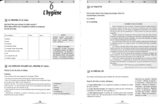 L H o
o
M E
L'hygiène
.!J LE PROPRE ET LE SALE
Que faut-il faire pour nettoyer les objets suivants?
Quels objets utilisez-vous? Complétez le tableau en employant
les mots de la liste_
Pour nettoyer. .. il faut. .. avec...
les dents
la peau
les cheveux
une chemise tachée
un meuble couvert de poussière
une vieille armoire en bois
le sol
une casserole très sale
un objet en argent
~ LES EMPLOIS FIGURÉS DE «PROPRE ET SALE»
Donnez le sens des mots en italique.
Calomnies
Conversations entre deux employés de la-banque TIPEX.
« Tu sais qu'on accuse Henri d'avoir pris de l'argent dans la caisse.
- Oui, c'est vraiment une sale histoire. Mais je suis sûr qu'il est innocent. Henri
est un type propre. Mais il a des ennemis ici.
Un jour, il m'a dit: "Il y a deux ou trois personnes ici qui seraient contentes si
j'étais renvoyé." Ce sont ses propres mots. Je ne veux nommer personne mais
j'en connais un qui a une sale tête et qui ...
- Alors d'après toi, tout ça c'est des calomnies qui ne sont pas'(ropres à inquié-
ter H enri ? ' 
- Absolument. D 'ailleurs, ce matin, le directeur a pris sa défense. Je l'ai
entendu de mes propres oreilles.»
16
Actions
astiquer - balayer - faire briller -
brosser - cirer - dépoussiérer -
frotter - laver - nettoyer - récurer -
rincer - savonner
Objets et ustensiles
un aspirateur - un balai - une brosse
- une brosse à dents - un chiffon -
un shampooing - du dentifrice -
une éponge - un gant de toilette -
une machine à laver - de la poudre
à laver - un produit à récurer -
du savon - une serviette de toilette
- antipathique
- exact
- honnête
- mauvais
- susceptible de...
- à moi, à lui (sens possessif)
L H o M M E
.!.J LA TOILETTE
Lisez le texte suivant. Pour chaque personnage, relevez les
caractéristiques concernant:
a) La toilette
b) Le maquillage
.i.J LE PRÉFIXE DÉ-
La toilette à travers les siècles
Dans l'Antiquité, la reine d 'Egyple Cléopâtre passait de longues heures à
sa toile tte . Après le bain , ses serva ntes la frottai e nt a vec des huiles
parfumées. E nsuite, sur son visage, on appliquait un fard blanc et on mettait
un pe u de rose sur les pommettes. C'était surtout les yeux qui étaient
maquillés. .
Poppée, femme de l'empereur Né ron, pre nait son bain dans du lait
d'ânesse (on entretenait un troupeau de 500 bêtes, exclusivement réservées
à cet usage). Elle était ensuite maquillée avec des craies blanches et rouges
que les esclaves délayaient avec leur salive.
Le roi de France· Henri /1/ (XVt' siècle) utilisait également les fards pour
se blanchir la peau et se rougir les joues. Il se faisait aussi friser et poudrer
les cheveux.
La comtesse Elzebeth (issue d'une illustre famille'hongroise) a laissé un
sinistre souvenir. Sur les mauvais conseils d'une sorcière qui lui avait promis
l'éternelle jeunesse, elle prenait son bain dans du sang de jeune fille. Elle fut
condamnée à mort pour être à j'origine de nombreux meurtres.
C'est à partir du xvtJ' siècle qu'on commence en France à négliger les
soins corporels. Le roi Henri IV se lave rarement. Sa maîtresse, Mme de
Verneuil, avoue qu'il pue des pieds et qu'il empeste l'ail.
Louis XIV, comme beaucoup de ses contemporains, se contente le matin
de se dégraisser le visage avec de l'alcool. Par contre, il se fard e et se
parfum e abondamment. E vid e mme nt , les poux prolifè rent sous les
perruques.
Il faudra attendre le XIX' siècle pour que les habitudes changent. ..
D'après TroÎs mille mis lie secrels de bell/lié, C. Pasteur, RTL Éditions. 1987.
Les verbes commençant par le préfixe dé- sont très nombreux.
Parmi les 20 verbes ci-contre, distinguez:
a. le type défaire/faire. Si on supprime le préfixe on obtient un verbe
de sens contraire;
b. le type dérouler/enrouler, On obtient le verbe de sens contraire en
remplaçant le préfixe dé- par le préfixe en- ;
c. le type dépasser/passer. Le préfixe dé- ne donne pas le sens contraire
mais un autre sens. (Je suis passé par la rue de la République. La moto
a dépassé la voiture.)
17
démonter une machine - décoller
un timbre - déballer un paquet -
se déshabiller - déboucher une
bouteille - détacher un vêtement -
déménager - décourager quelqu'un
- délaver un vêtement - dégonfler
un pneu - se déchausser - déposer
une lettre dans la boîte - déplacer
un objet - délacer ses chaussures -
désarmer un soldat
 