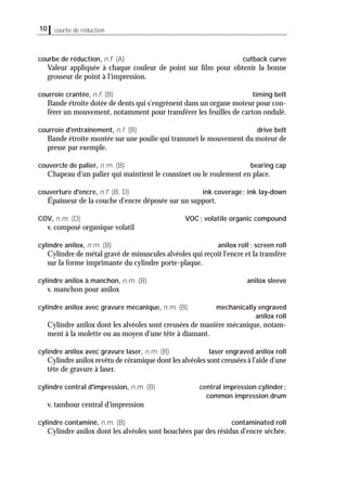 10 courbe de réduction
courbe de réduction, n.f. (A) cutback curve
Valeur appliquée à chaque couleur de point sur ﬁlm pour obtenir la bonne
grosseur de point à l'impression.
courroie crantée, n.f. (B) timing belt
Bande étroite dotée de dents qui s'engrènent dans un organe moteur pour con-
férer un mouvement, notamment pour transférer les feuilles de carton ondulé.
courroie d'entraînement, n.f. (B) drive belt
Bande étroite montée sur une poulie qui transmet le mouvement du moteur de
presse par exemple.
couvercle de palier, n.m. (B) bearing cap
Chapeau d'un palier qui maintient le coussinet ou le roulement en place.
couverture d'encre, n.f. (B, D) ink coverage; ink lay-down
Épaisseur de la couche d'encre déposée sur un support.
COV, n.m. (D) VOC; volatile organic compound
v. composé organique volatil
cylindre anilox, n.m. (B) anilox roll; screen roll
Cylindre de métal gravé de minuscules alvéoles qui reçoit l'encre et la transfère
sur la forme imprimante du cylindre porte-plaque.
cylindre anilox à manchon, n.m. (B) anilox sleeve
v. manchon pour anilox
cylindre anilox avec gravure mécanique, n.m. (B) mechanically engraved
anilox roll
Cylindre anilox dont les alvéoles sont creusées de manière mécanique, notam-
ment à la molette ou au moyen d'une tête à diamant.
cylindre anilox avec gravure laser, n.m. (B) laser engraved anilox roll
Cylindre anilox revêtu de céramique dont les alvéoles sont creusées à l'aide d'une
tête de gravure à laser.
cylindre central d'impression, n.m. (B) central impression cylinder;
common impression drum
v. tambour central d'impression
cylindre contaminé, n.m. (B) contaminated roll
Cylindre anilox dont les alvéoles sont bouchées par des résidus d'encre séchée.
 